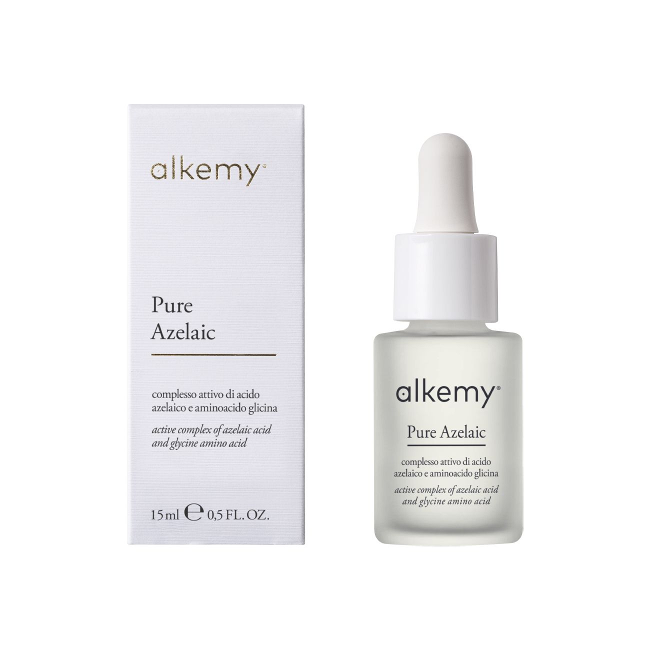 Flacon de sérum Alkemy Pure Azelaic et son emballage côte à côte.