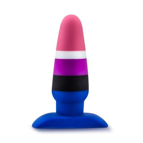 Plug anal con sections colorées : rose, blanc, violet, noir et bleu. Base en forme d'ailes.