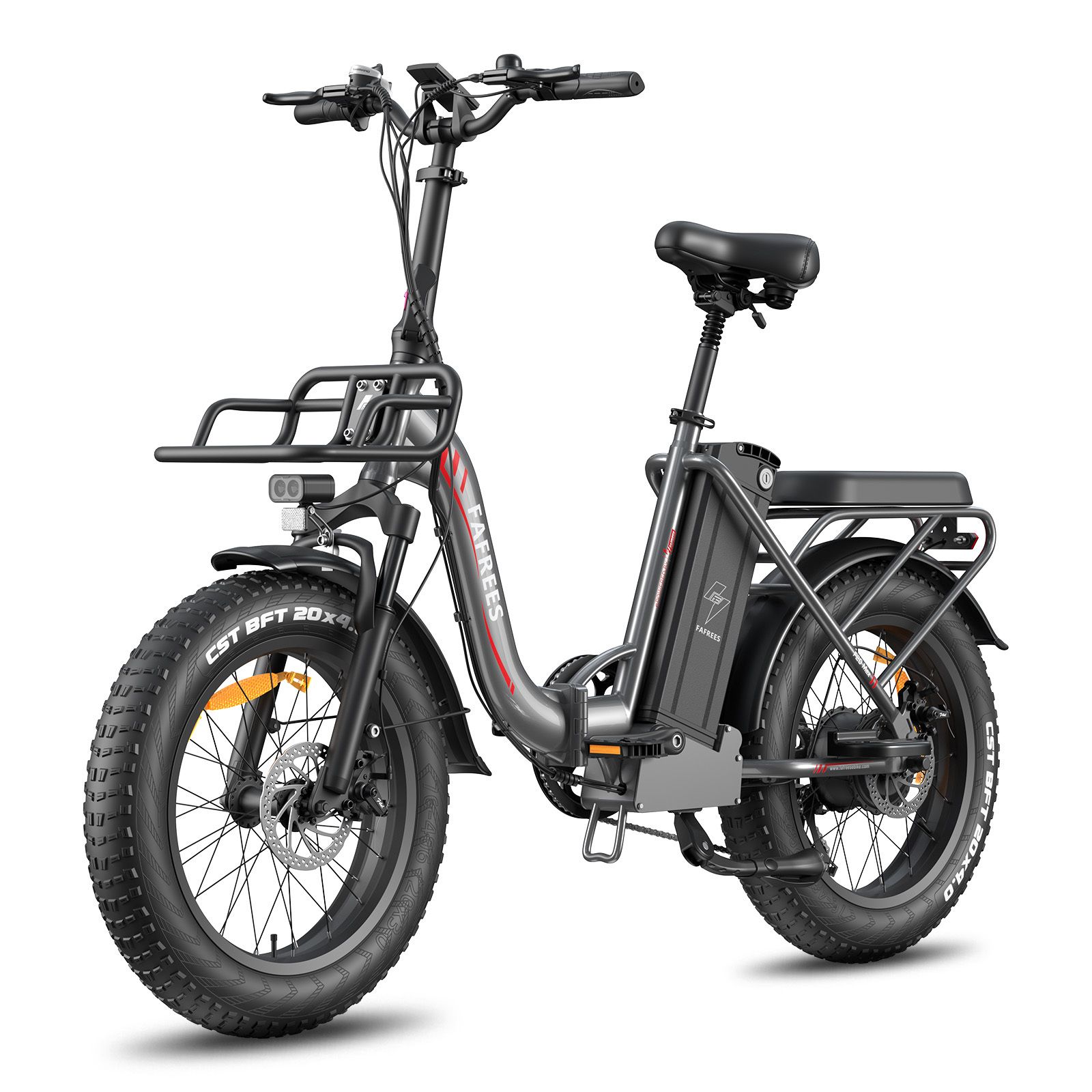 Opvouwbare e-bike met brede banden, bagagedrager, voorste mand en koplamp. Accu op het frame. Merk FAFREES.