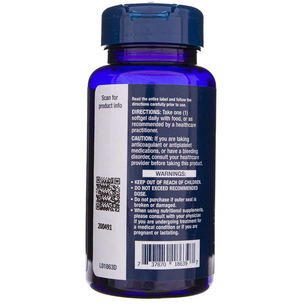 Bouteille de pilules bleue avec une étiquette contenant des instructions et des avertissements.