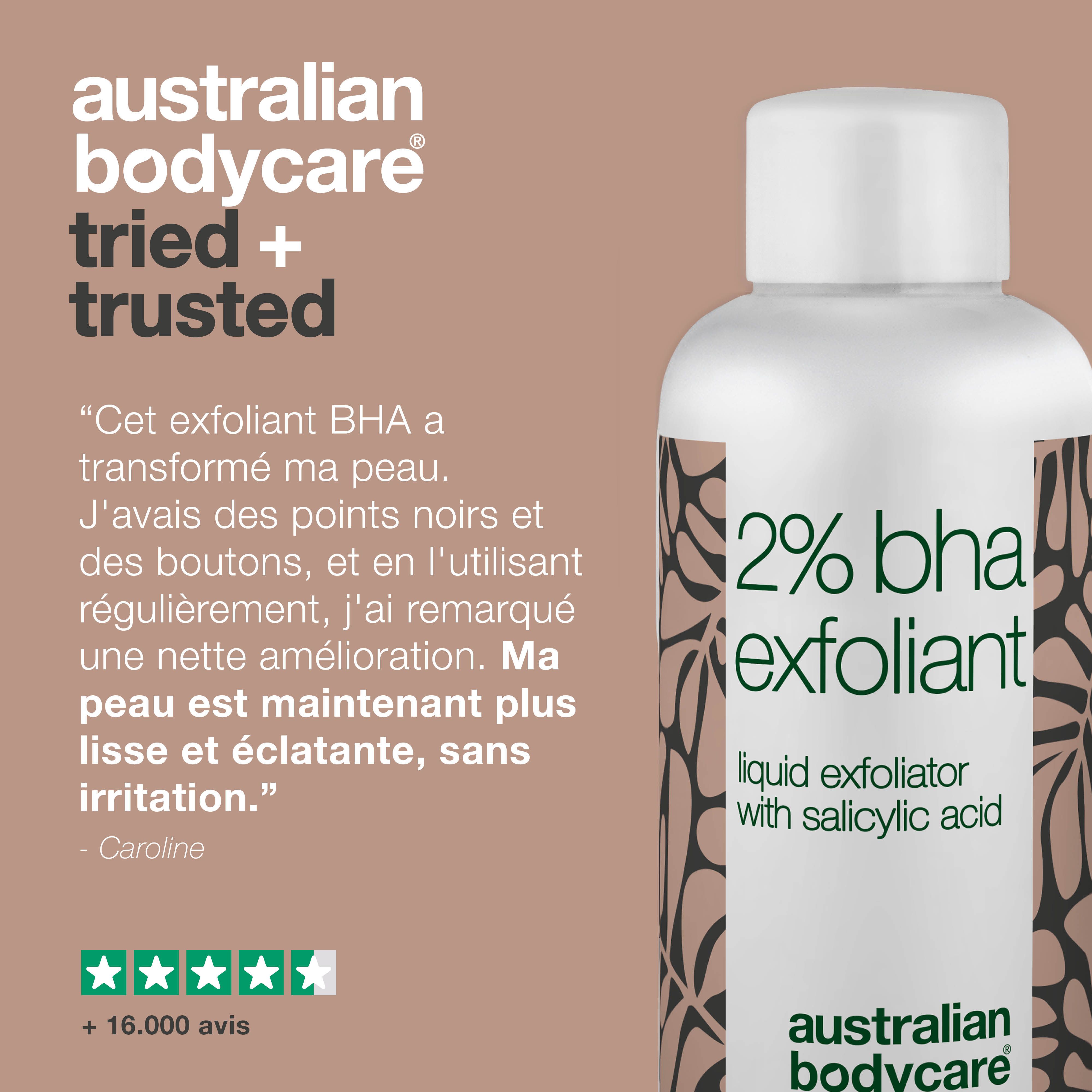 Flacon avec "2% BHA". Texte : Témoignage, évaluation 5 étoiles. Marque : Australian Bodycare.