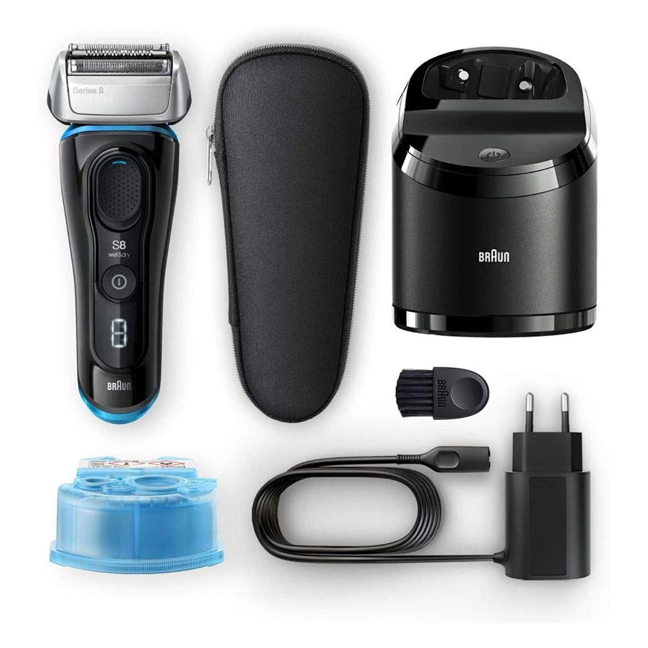Rasoir électrique Braun Series 8, station de charge/nettoyage, étui, tête de remplacement, brosse de nettoyage et adaptateur secteur.