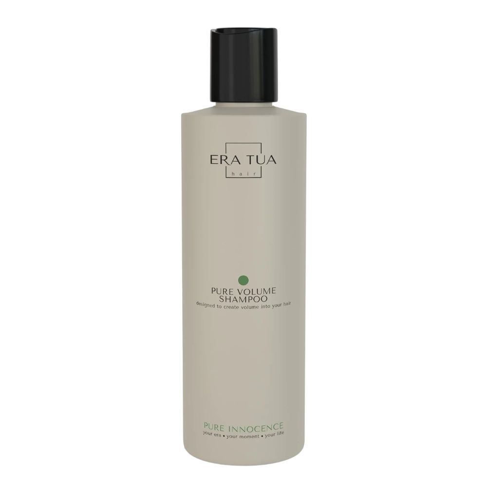 Flacon de shampooing avec bouchon noir. Texte: Era Tua, Pure Volume Shampoo. Point vert. Pure Innocence.