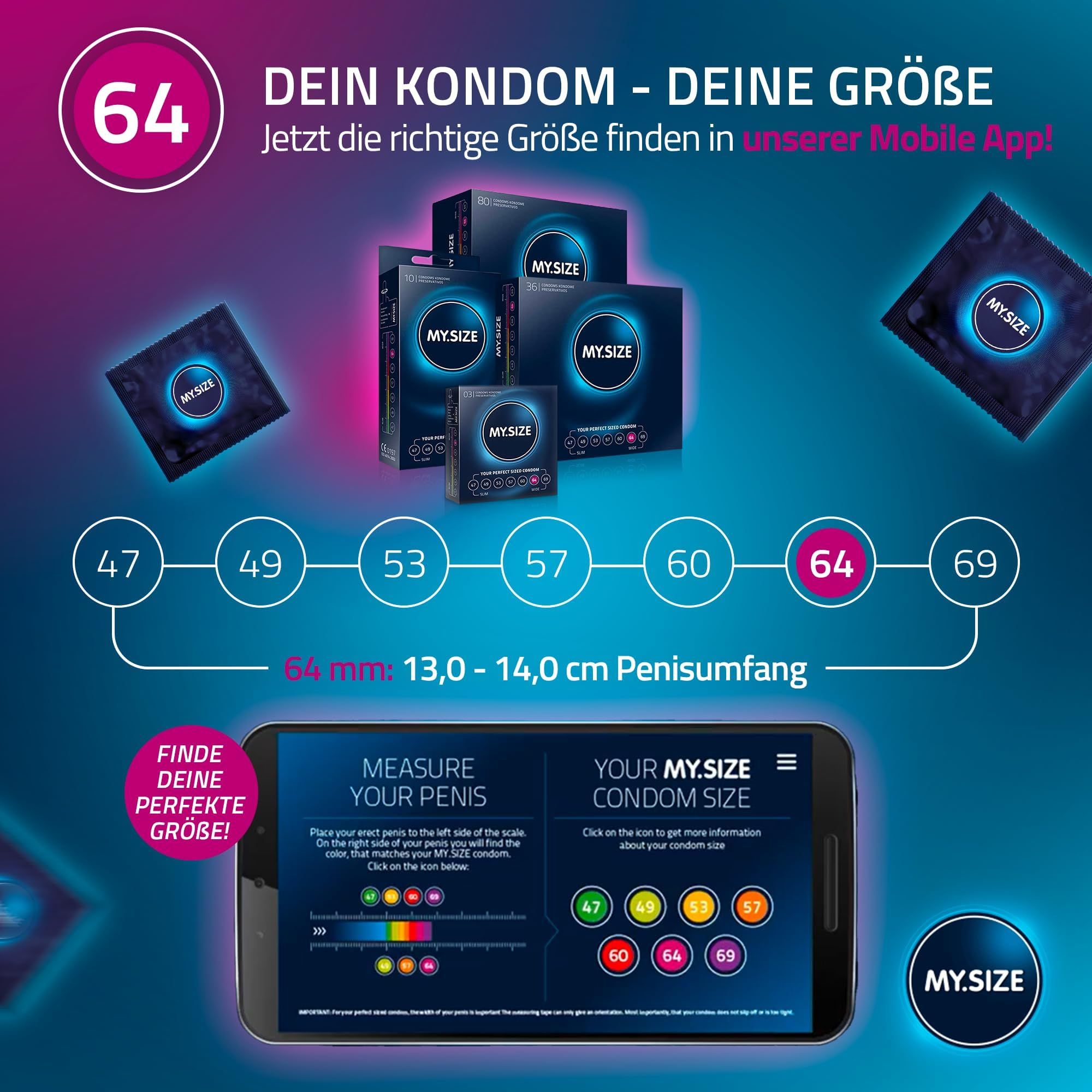 Overzicht MY.SIZE condoommaten met app-instructies en maten 47-69.