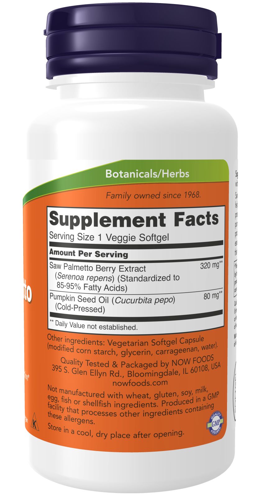 Achterkant van een witte fles met blauwe dop. Oranje etiket met productinformatie. Opschrift: Saw Palmetto Berry Extract 320 mg.