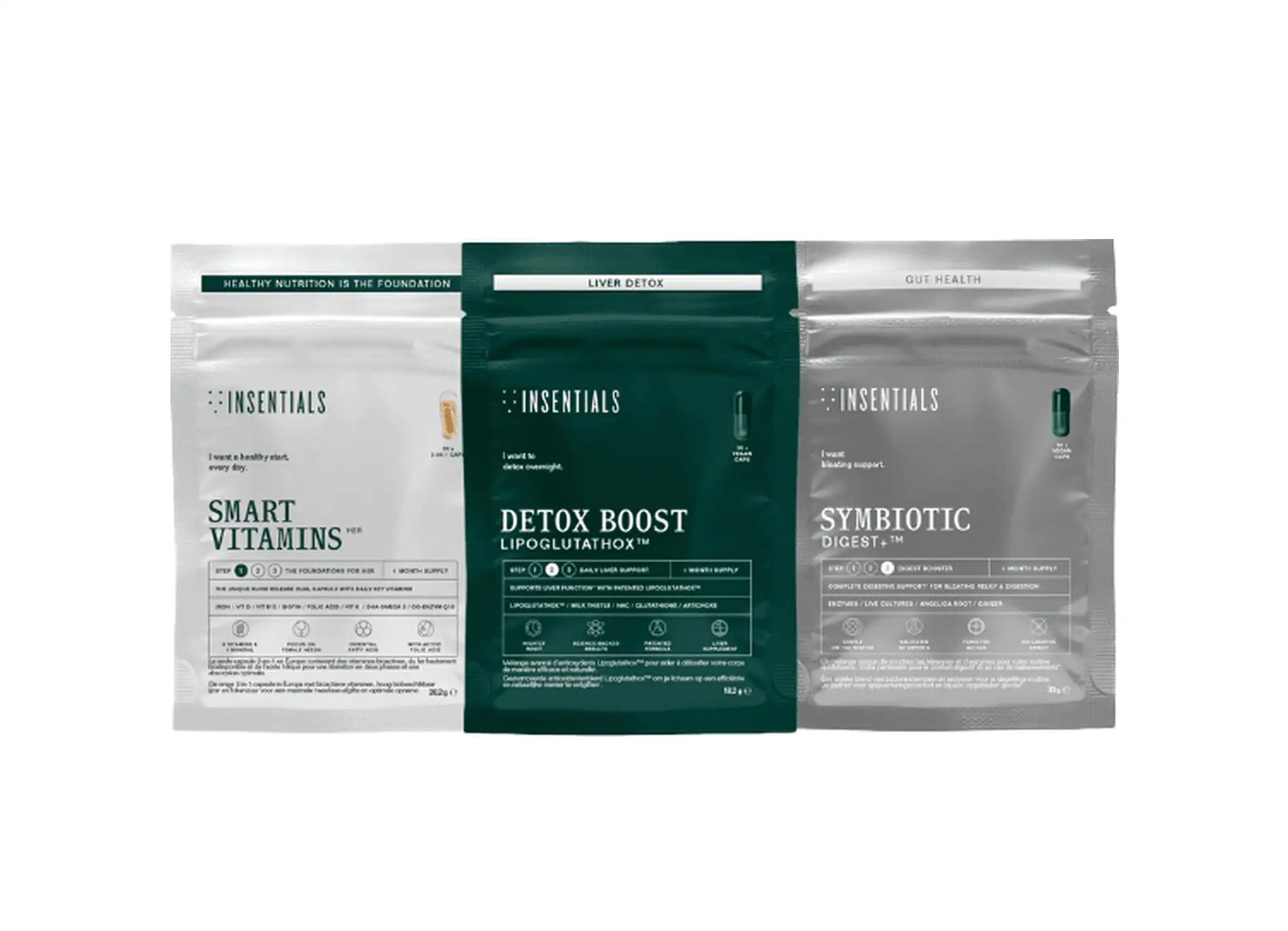 Trois sachets Insentials : Smart Vitamins, Detox Boost, Symbiotic Digest.