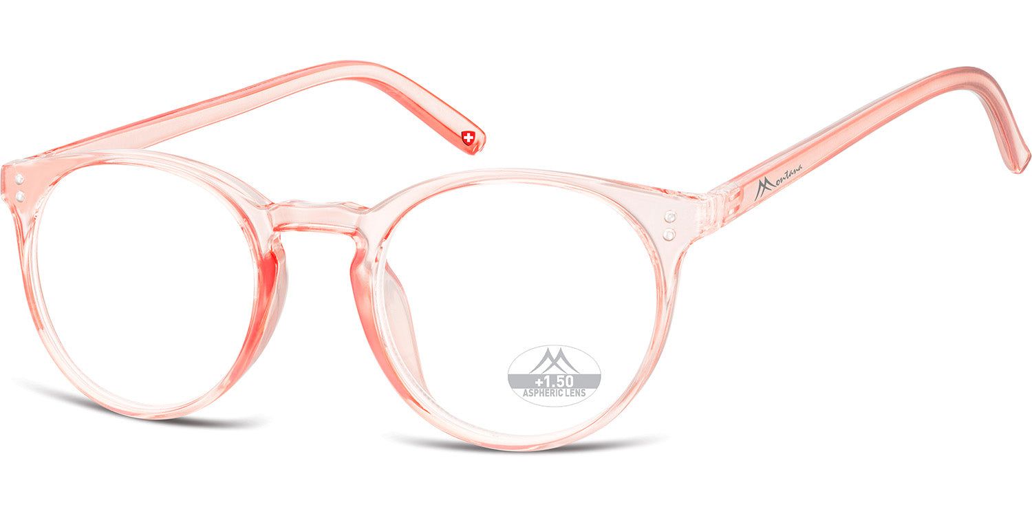 Roze bril met ronde, transparante montuur. Sticker "+1.50" op het glas. Dunne pootjes.