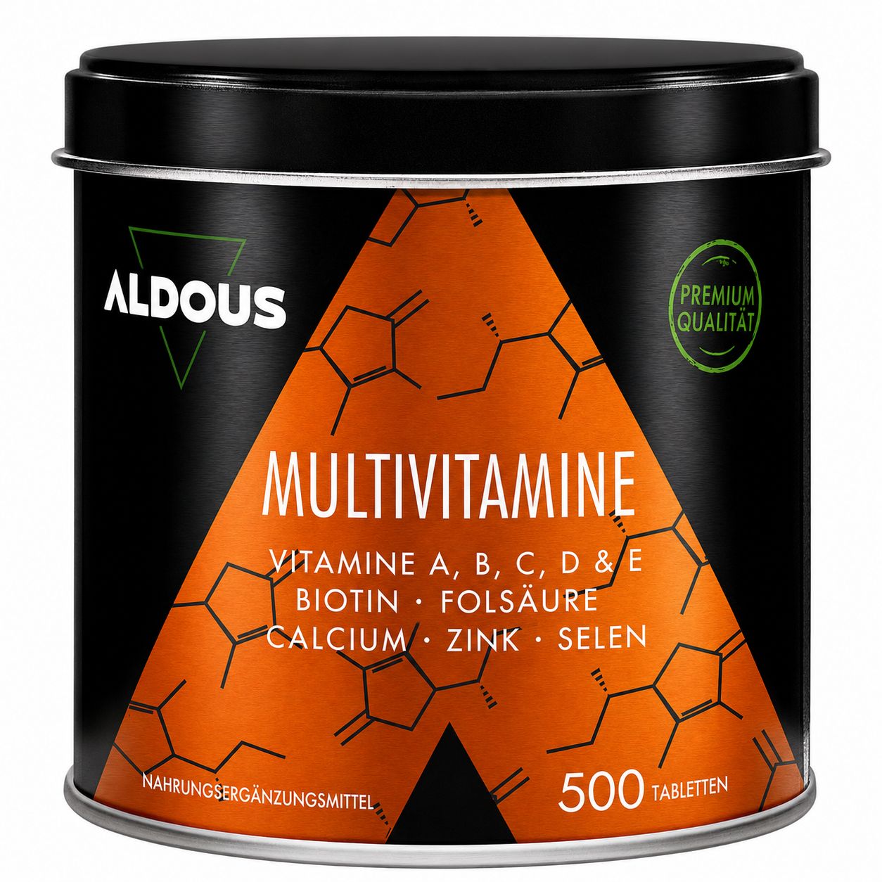 Aldous Multivitamine Tabletten in zwarte bus met oranje chemisch patroon. 500 tabletten.