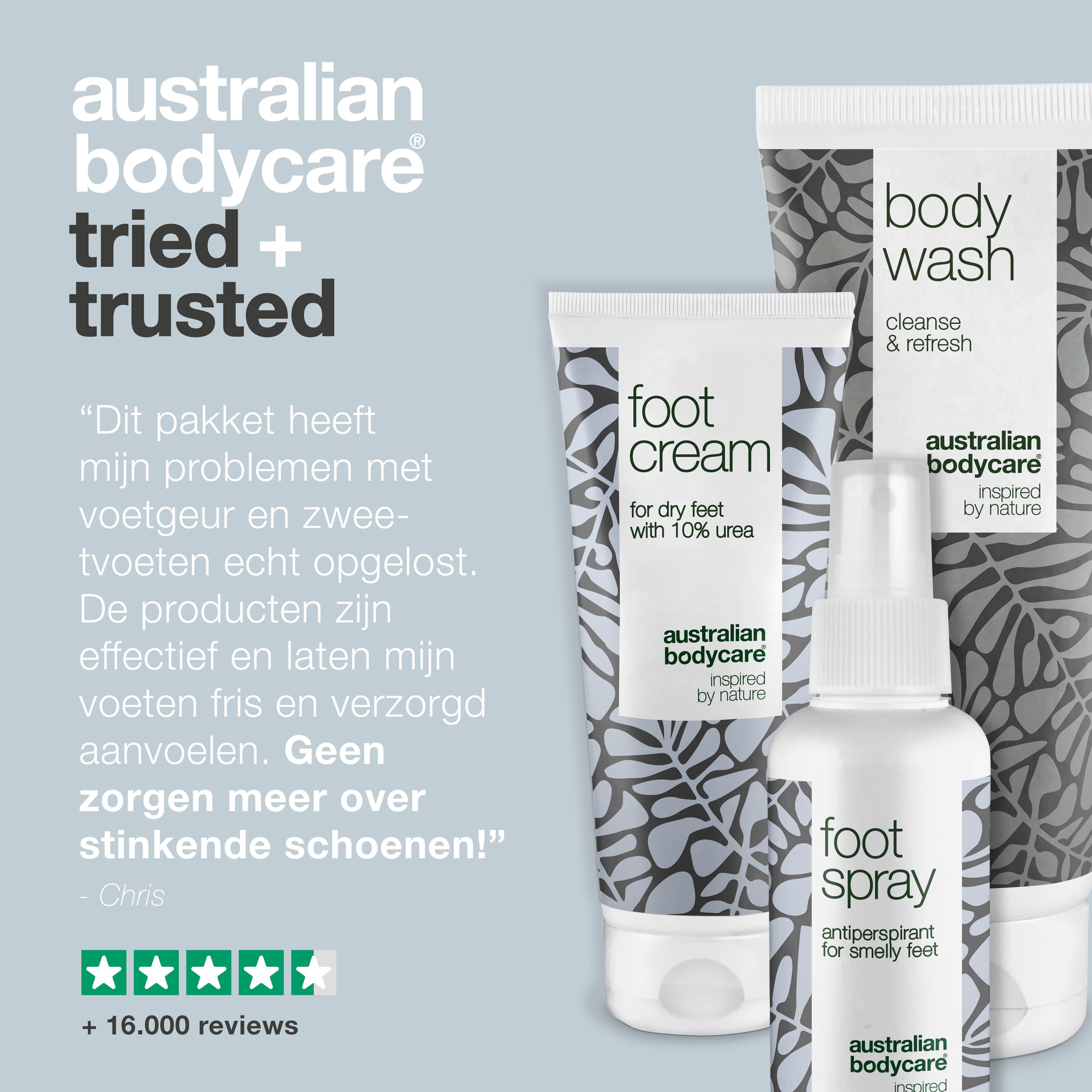 Drie producten: body wash, voetcrème, voetspray. Tekst: Australian Bodycare, Tried + Trusted. Groen.