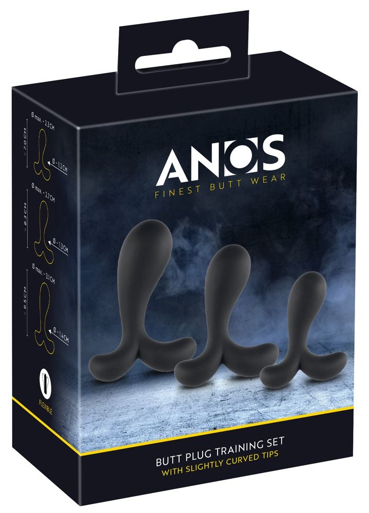 Emballage du set de plugs anaux ANOS en silicone, montrant trois plugs de différentes tailles.