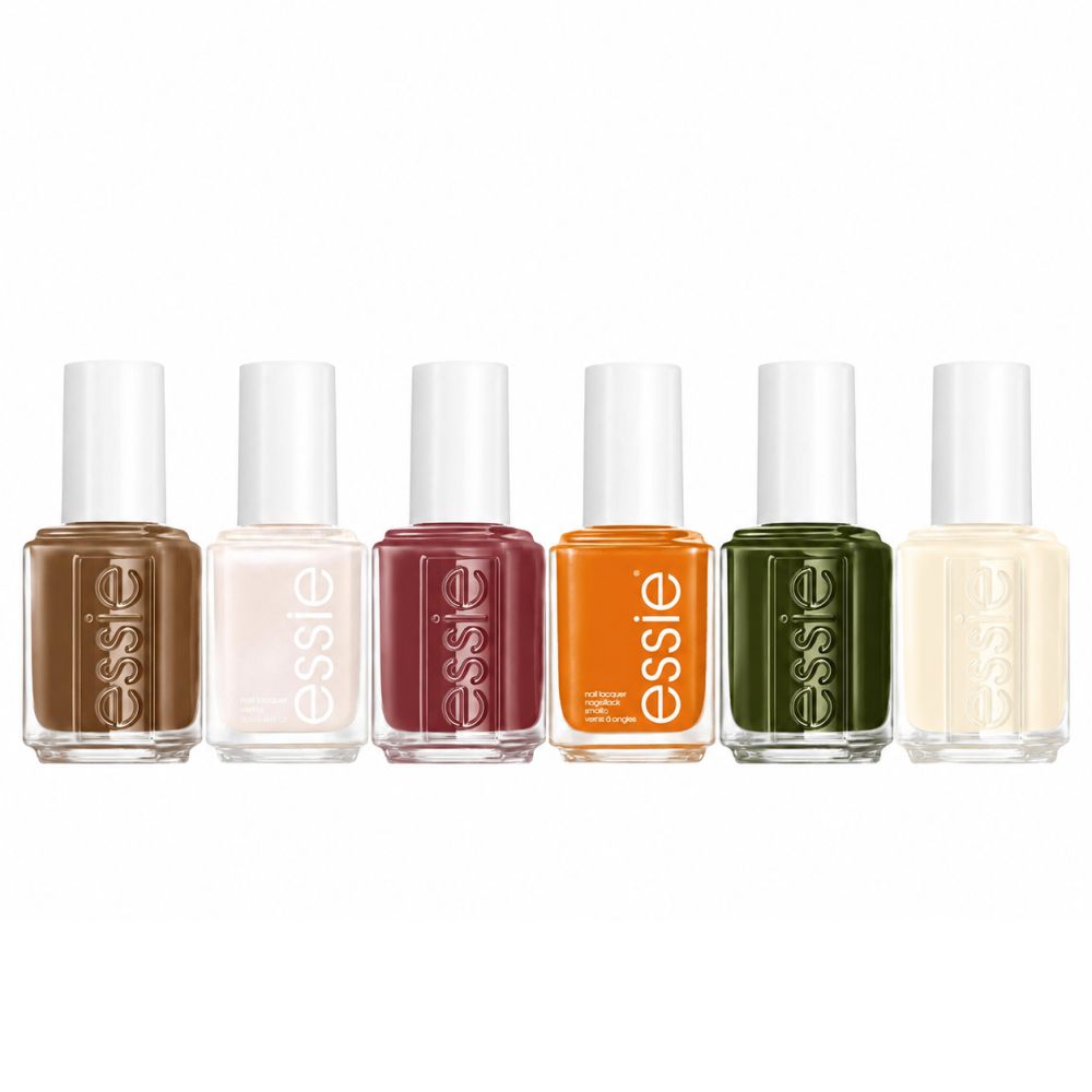 Zes Essie nagellakflesjes in diverse kleuren: bruin, beige, bordeaux, oranje, donkergroen en ivoor.