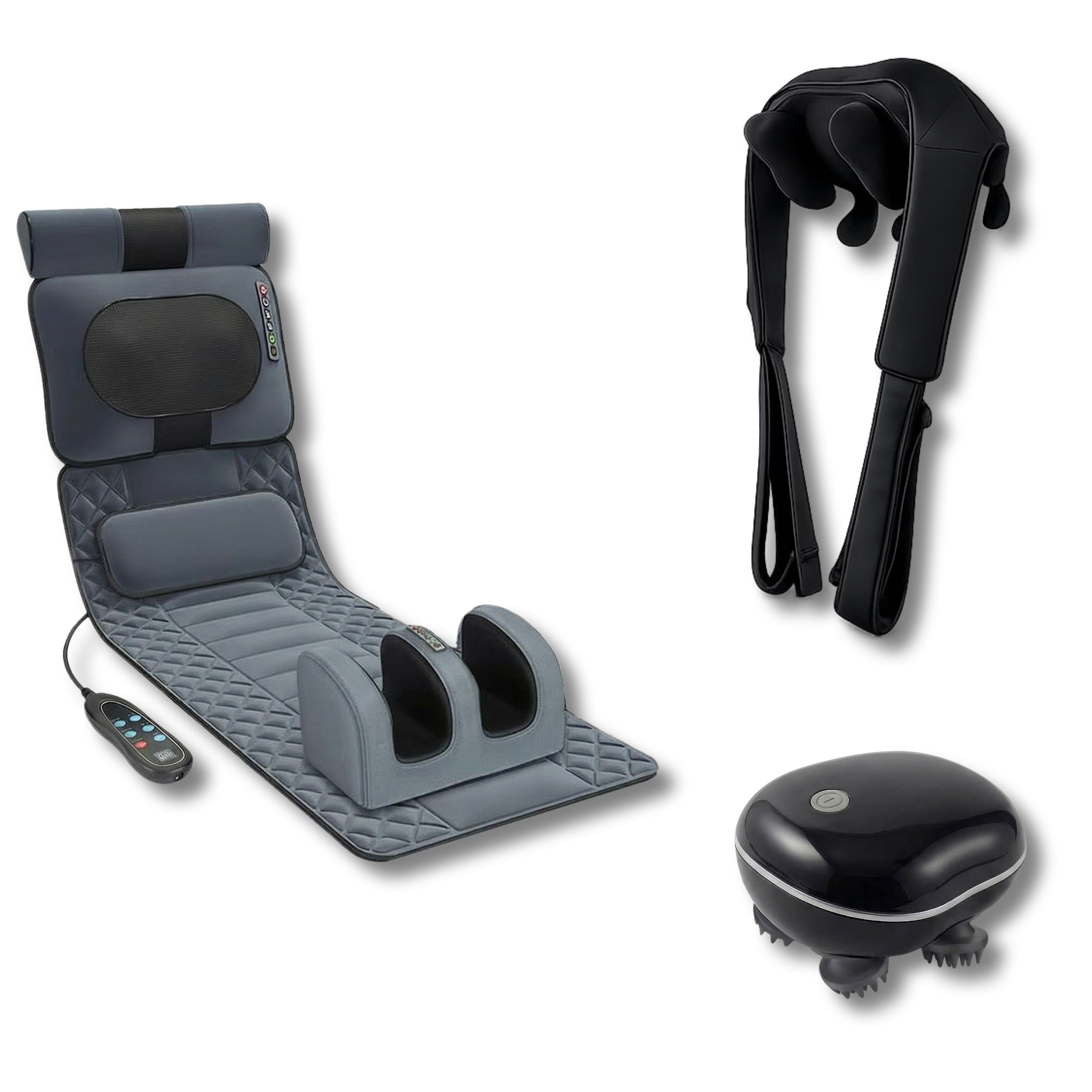 Grijze massagemat, nekmassager en voetmassager. Met afstandsbediening. Zwarte en grijze elementen.