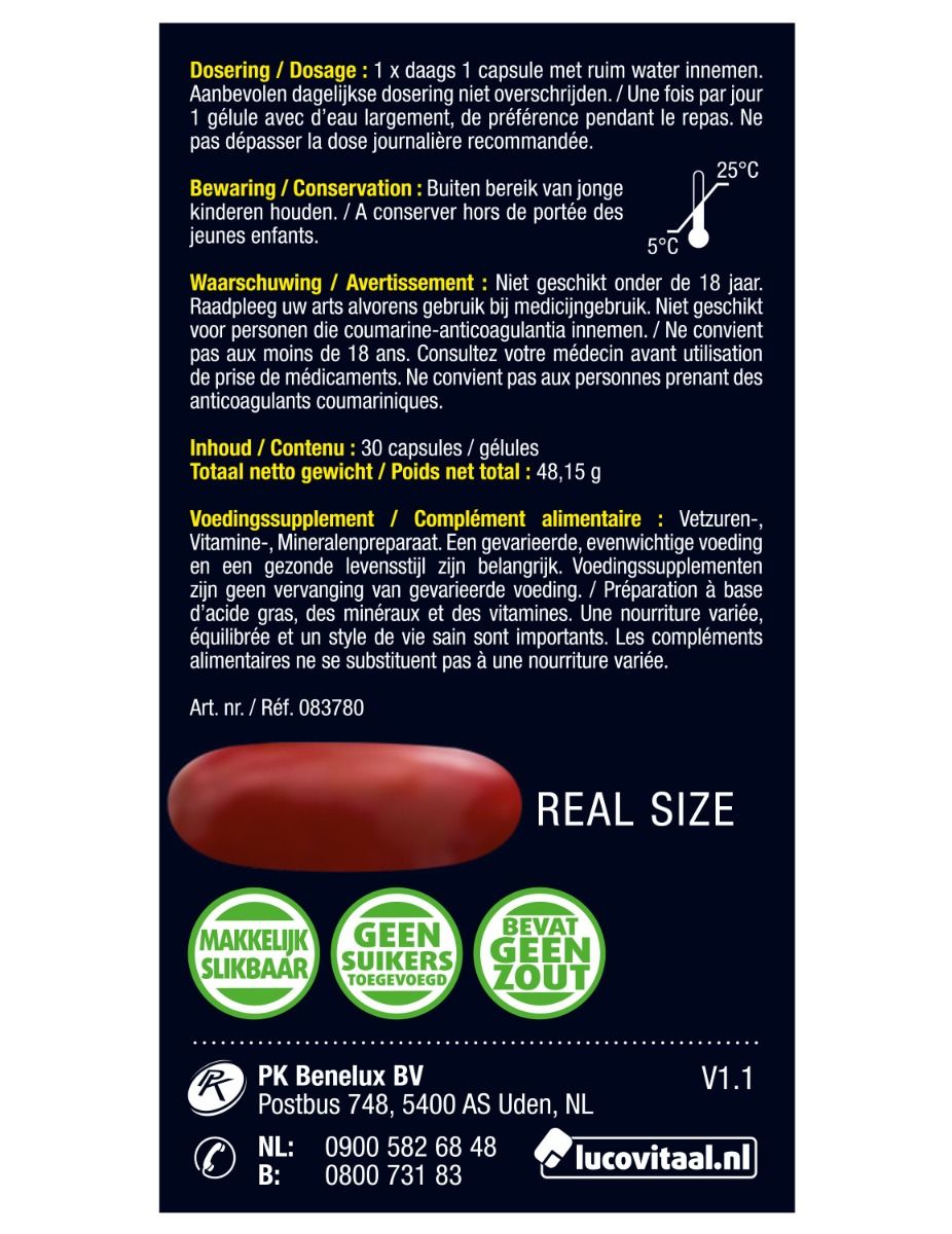 Achterkant van de verpakking van Lucovitaal Magnesium Mama & Baby Multi. Bevat dosering, waarschuwingen en inhoudsinformatie.