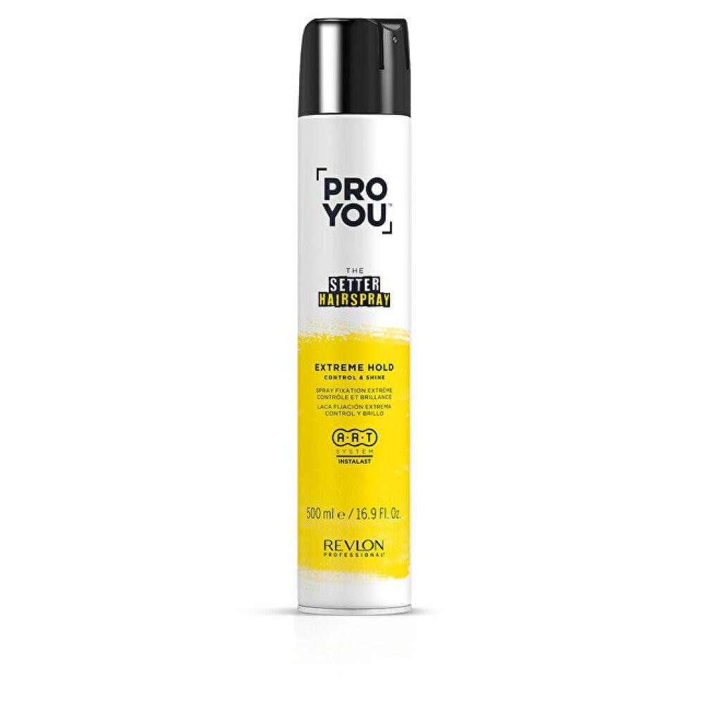 Witte haarspraybus met zwarte dop. Opschrift: PRO YOU, THE SETTER HAIRSPRAY, EXTREME HOLD. Merk: Revlon.