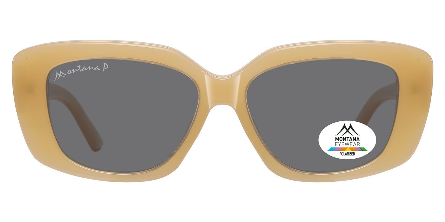 Lunettes de soleil à monture beige et verres gris. Le logo Montana Eyewear est visible sur la branche gauche et un verre. Un autocollant Polarized est également présent.