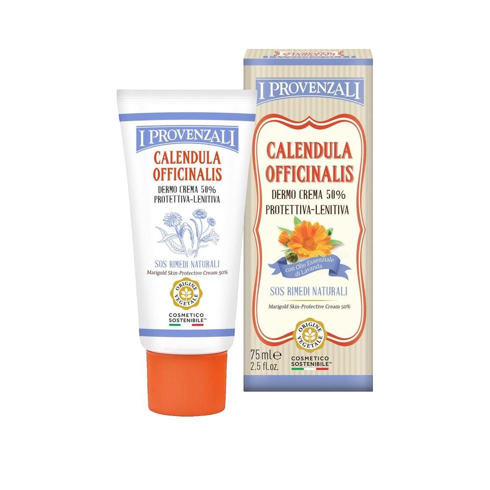 Tube et boîte de crème. Texte: Calendula Officinalis, Dermo Crema 50% Protettiva-Lenitiva. Sur le tube: SOS Rimedi Naturali.