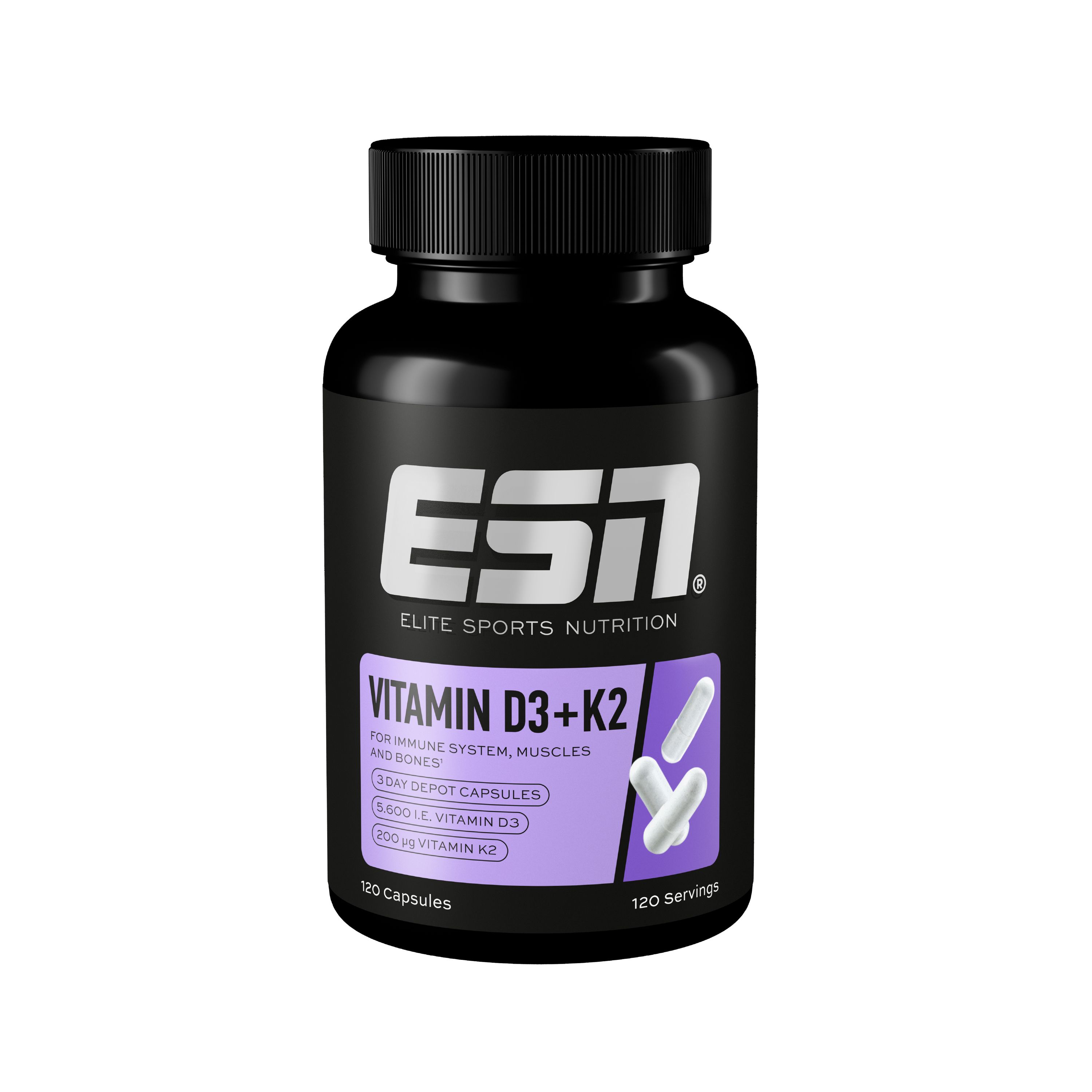 ESN Vitamine D3+K2 pot, vooraanzicht. Zwarte container met paars etiket en witte belettering.