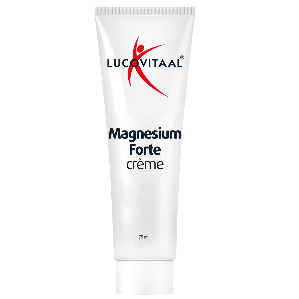 Witte tube met rood logo en productnaam. Bevat Magnesium Forte Crème. 75 ml.
