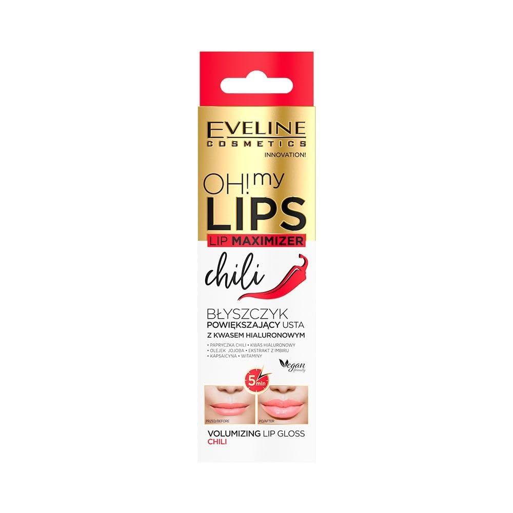 Emballage de Oh! My Lips Lip Maximizer Chili. Marque Eveline Cosmetics. Nom du produit et illustration de piment.