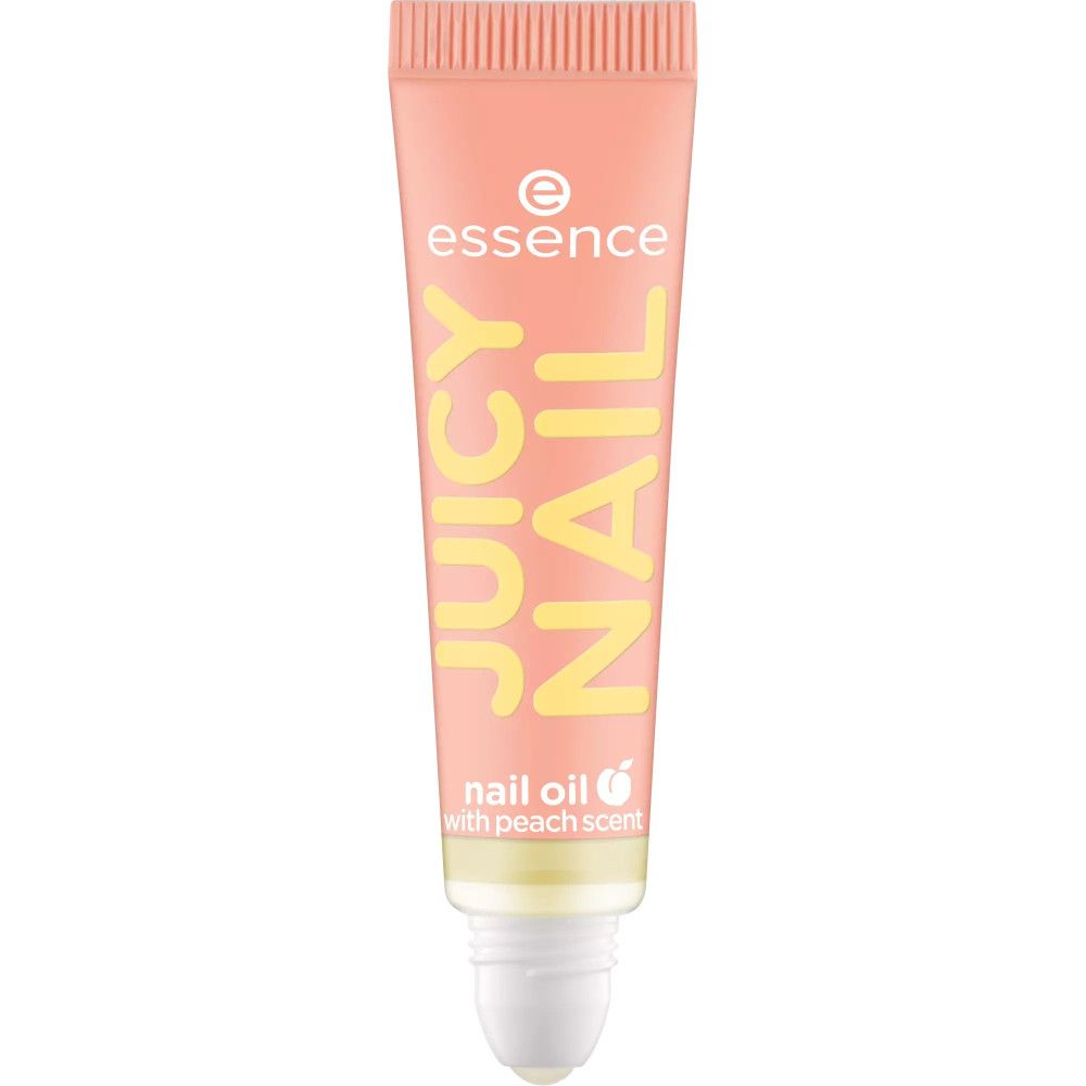 Tube rose avec texte jaune JUICY NAIL et nom du produit. Contient de l'huile pour ongles parfum pêche. Marque : essence.