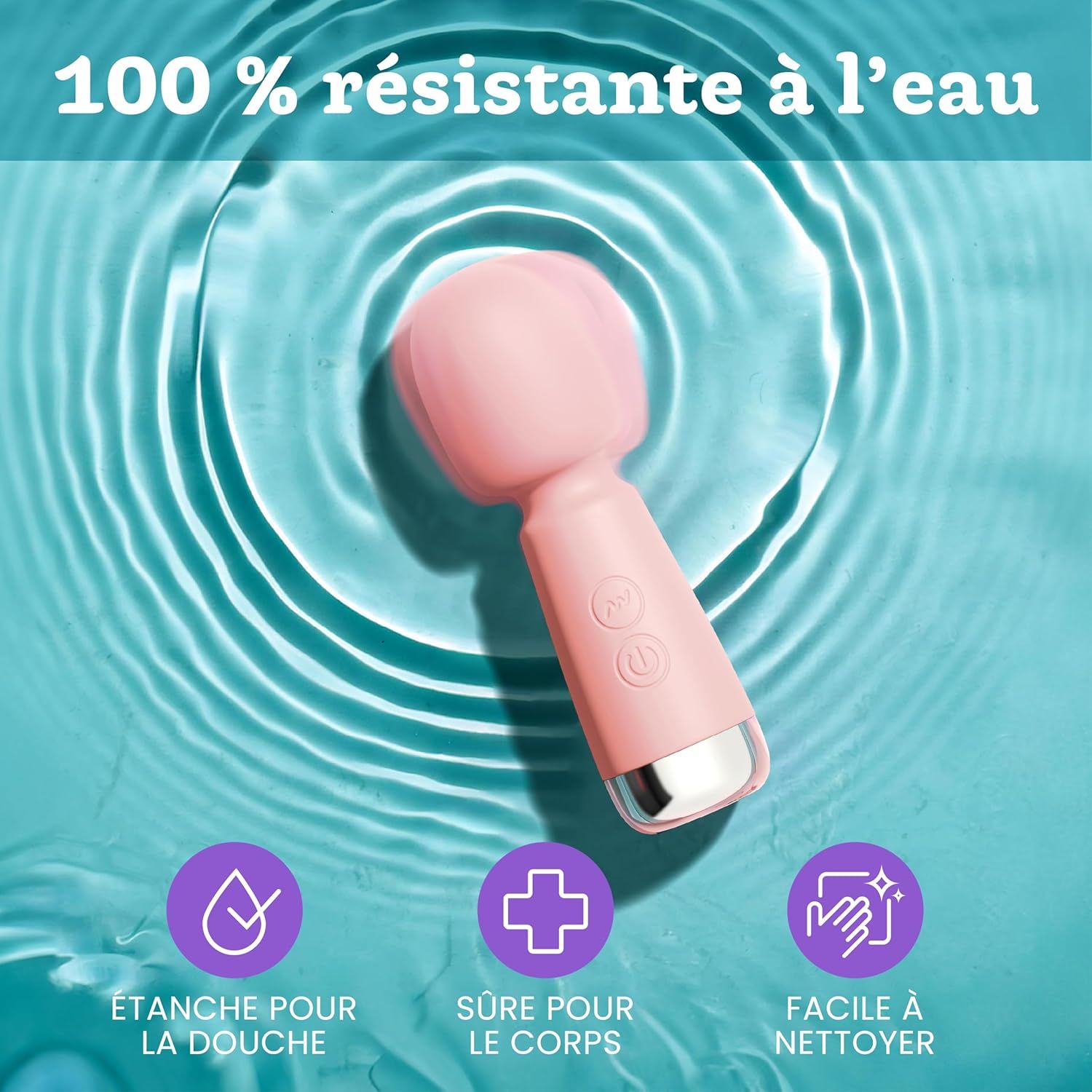 Un masseur rose étanche avec un accent argenté et deux boutons de commande.