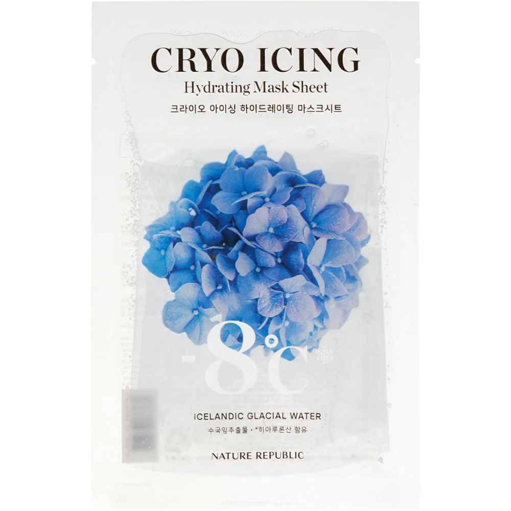 Emballage blanc avec « Cryo Icing » et motif floral bleu. Texte : « Hydrating Mask Sheet », « -8°C Icelandic Glacial Water » et « NATURE REPUBLIC ».