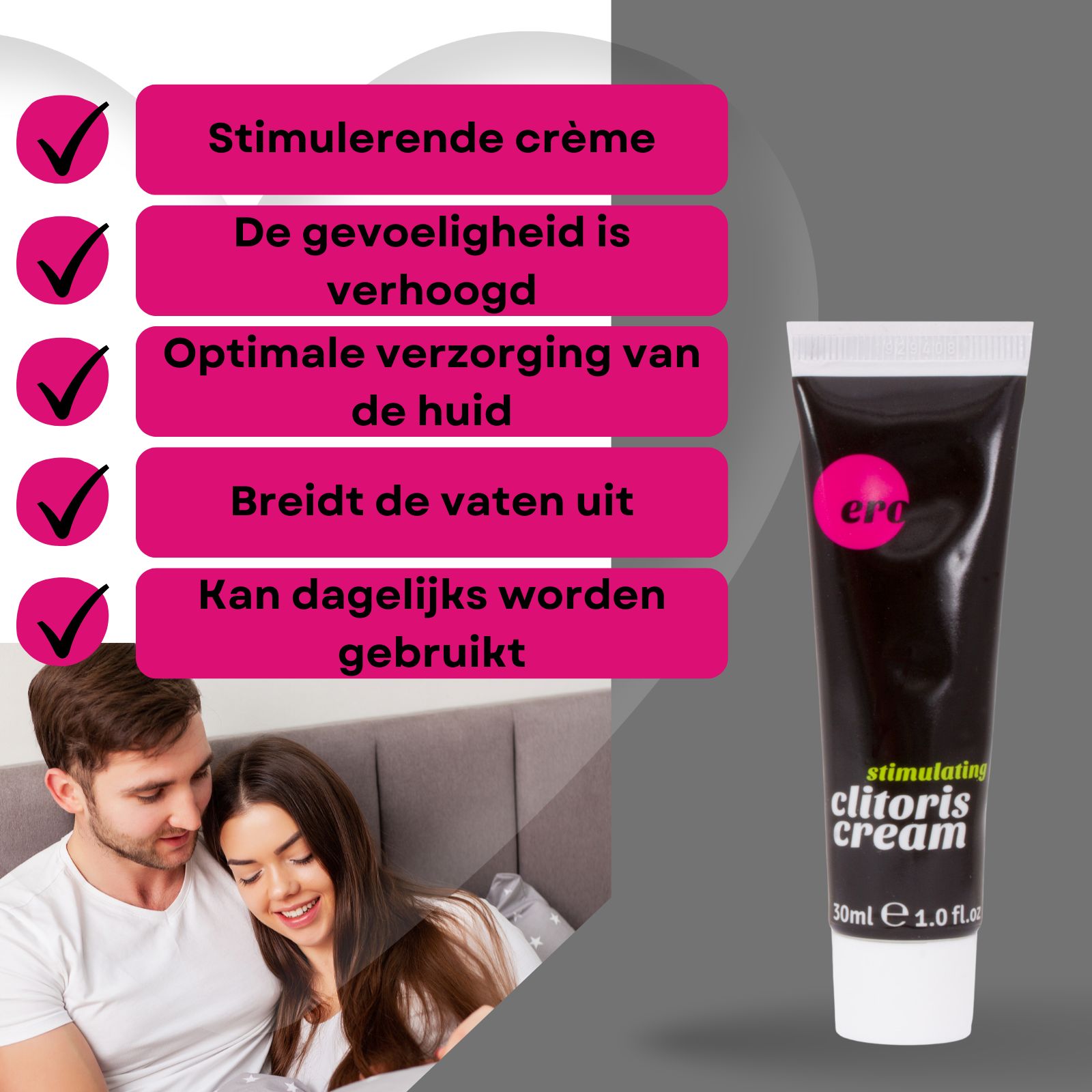 Koppel in bed, producttube en tekst. Tekst: Stimulerende crème, gevoeligheid verhoogd.