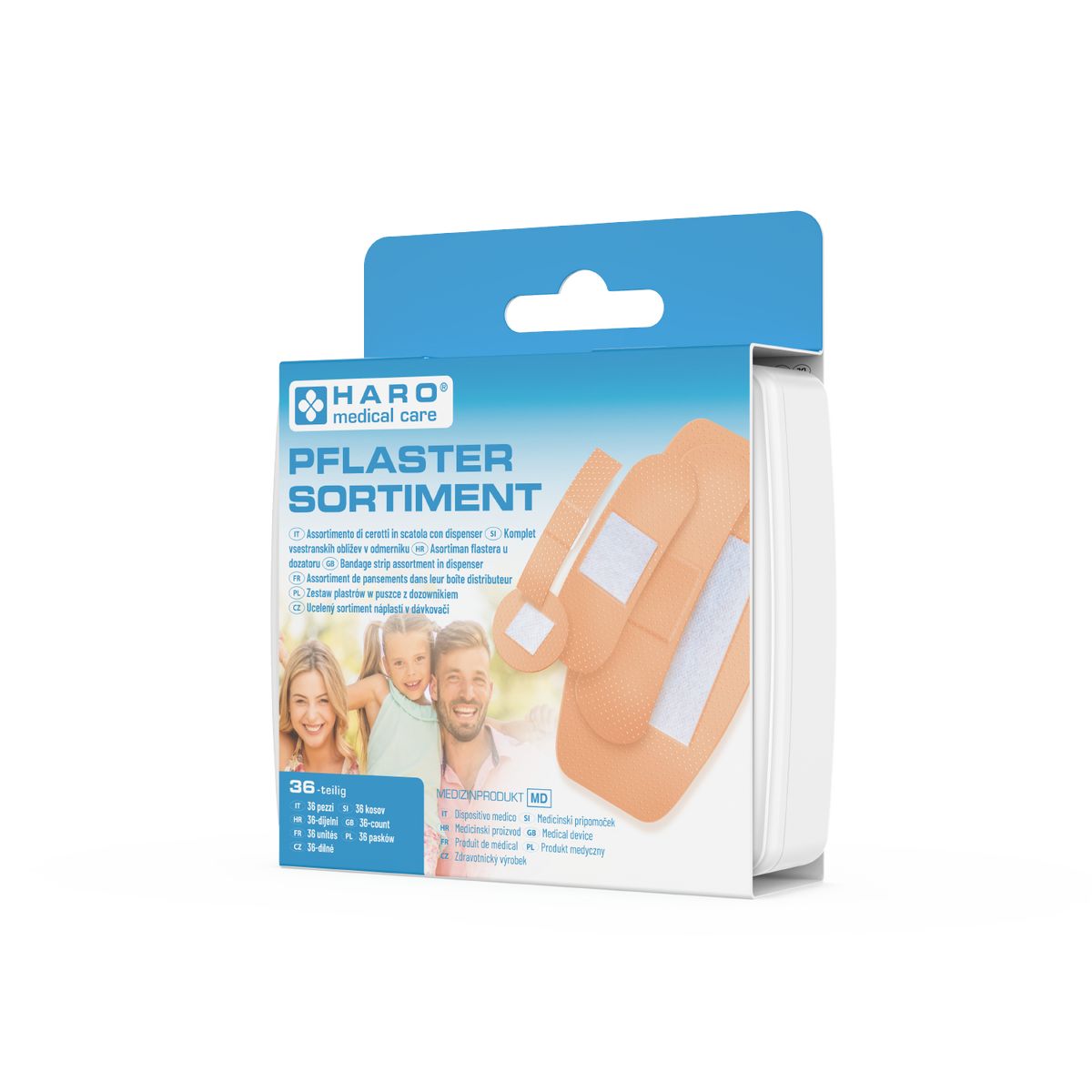 Haro Pflaster-Sortiment in verpakking. Doos met pleisters, familiefoto, logo en productnaam.
