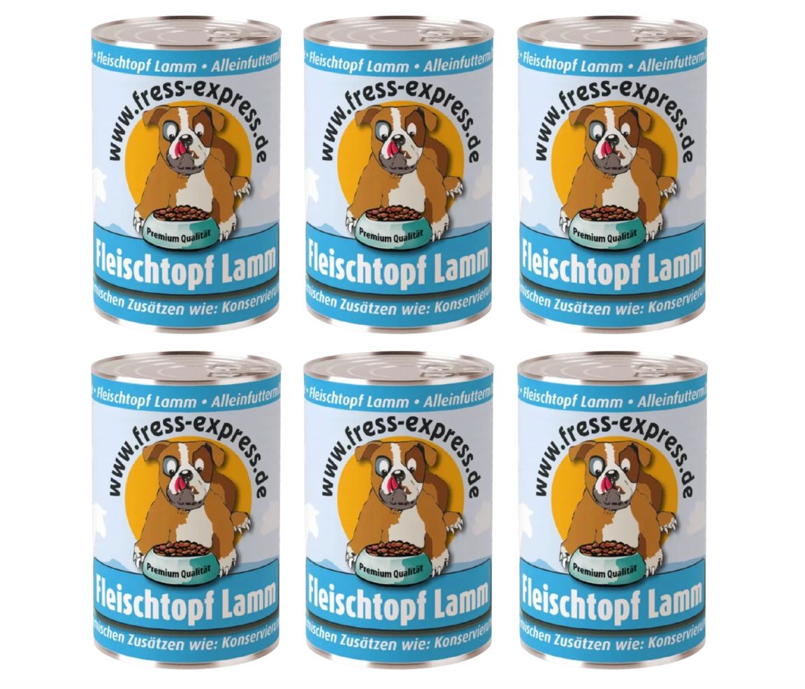 Zes blikken Fress-express Fleischtopf Lamm. Etiket met hond, tekst: Fleischtopf Lamm, premium kwaliteit, zonder toevoegingen.