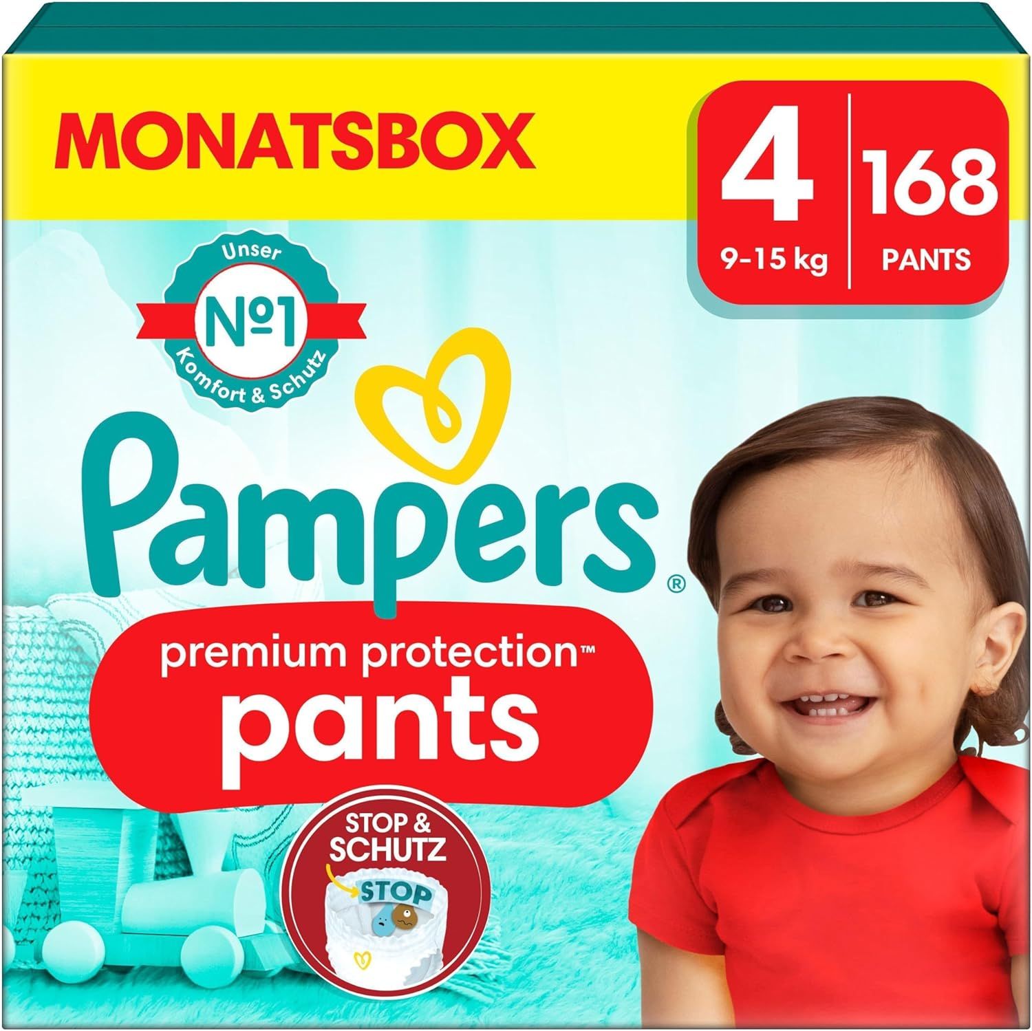 Verpakking Pampers Pants maat 4, 168 stuks. Opschriften: Premium Protection, Comfort & Schutz, maandbox, baby.