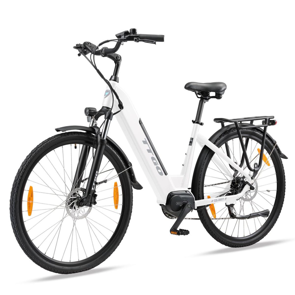 Vélo électrique blanc avec pneus noirs et porte-bagages. Logo TTGO sur le cadre.
