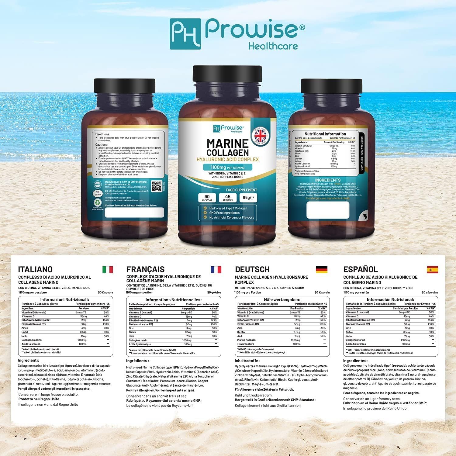 Trois flacons de Marine Collagen. Étiquettes avec informations en italien, français, allemand et espagnol. Fond : plage.