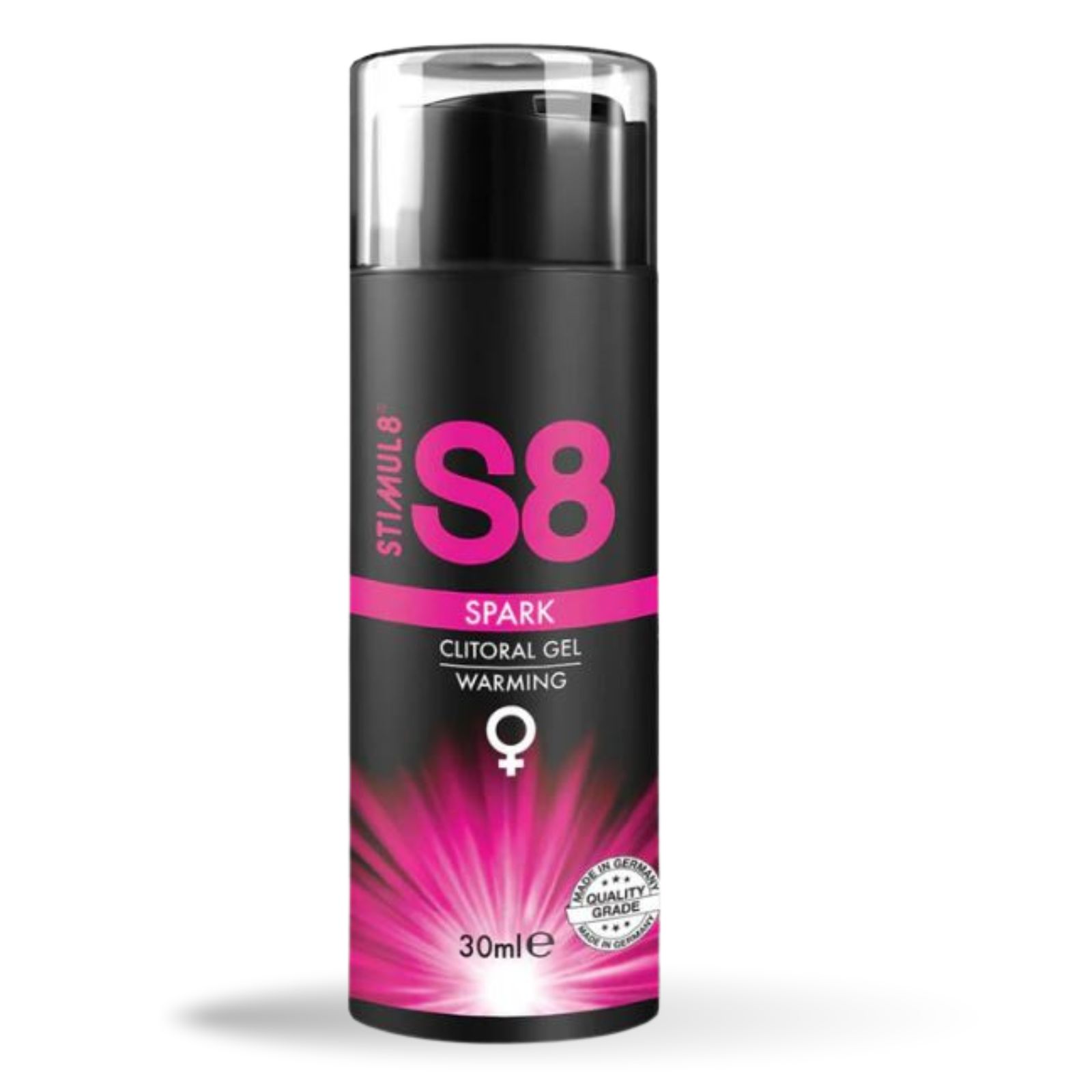Zwarte fles met pompdispenser, S8 SPARK CLITORALE GEL WARMING, 30ml, kwaliteitszegel.