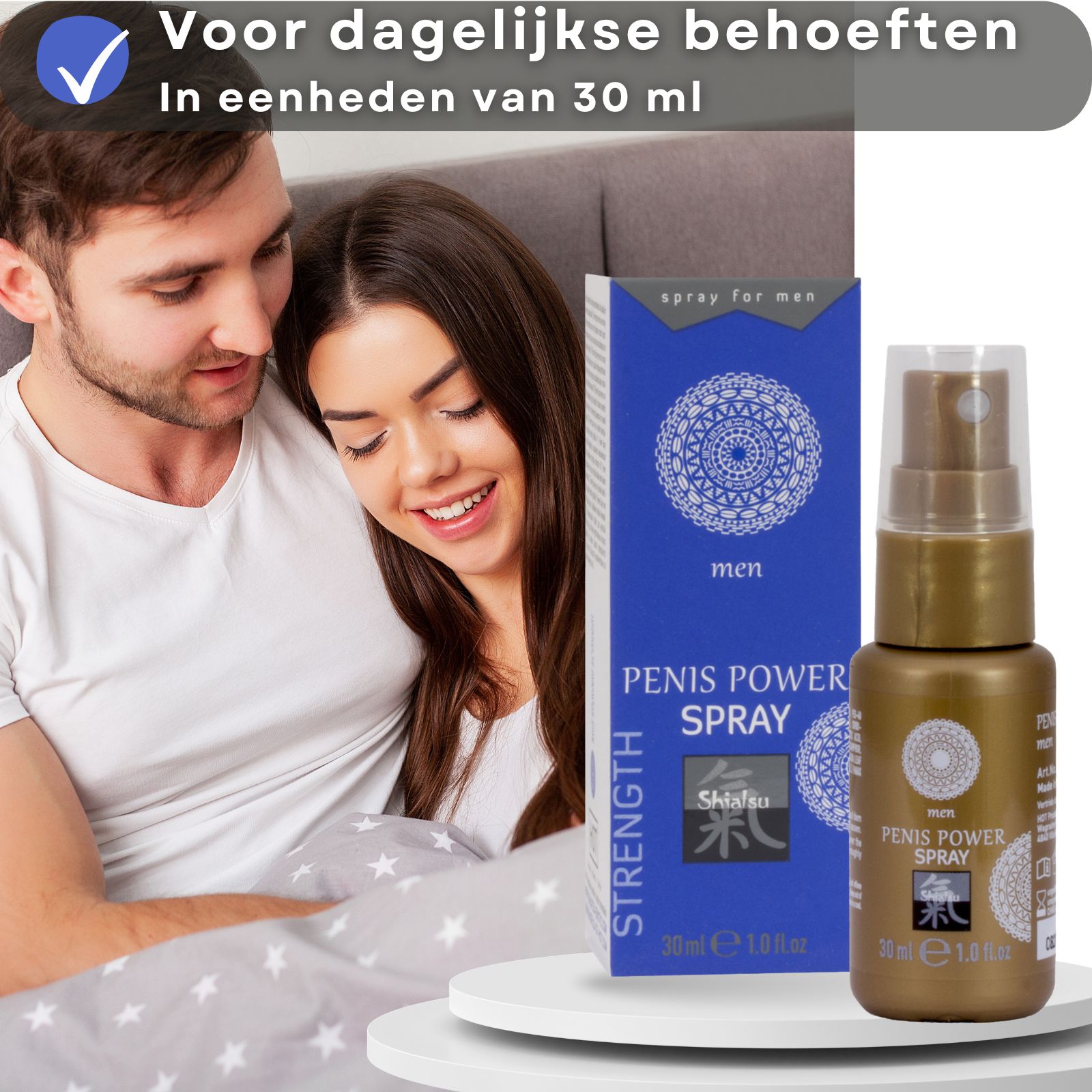 Gouden sprayfles met Penis Power Spray, doos ernaast. Lijst met voordelen.