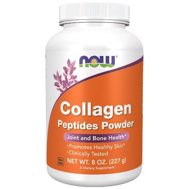 Flacon orange avec couvercle blanc. Inscription 'Collagen Peptides Powder'. Contient du texte sur la santé des articulations et des os.