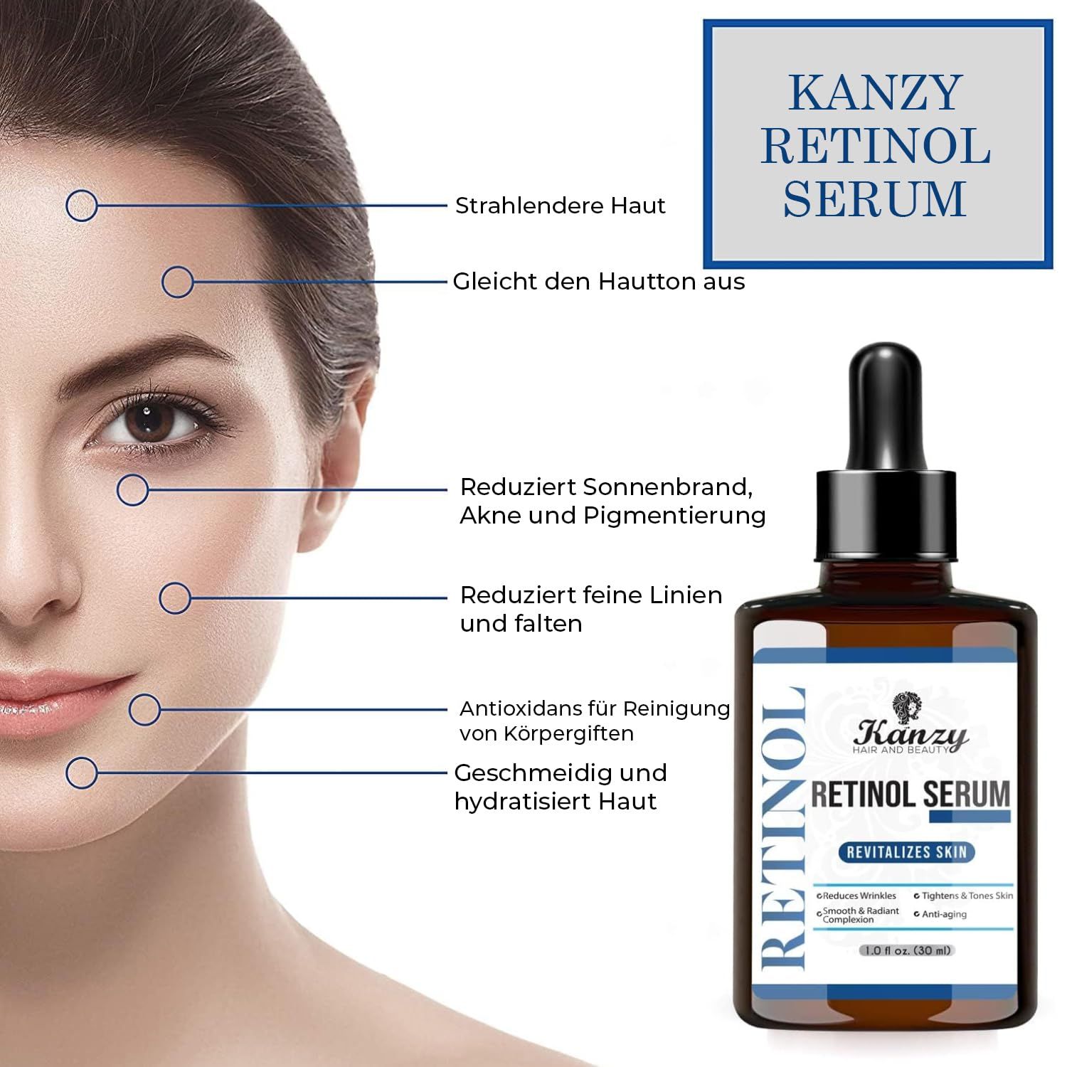 Vrouw met retinol serum fles. Opschrift: KANZY Retinol Serum. Markeringen op het gezicht. Opschrift: Vermindert rimpels, egaliseert de huidtint.