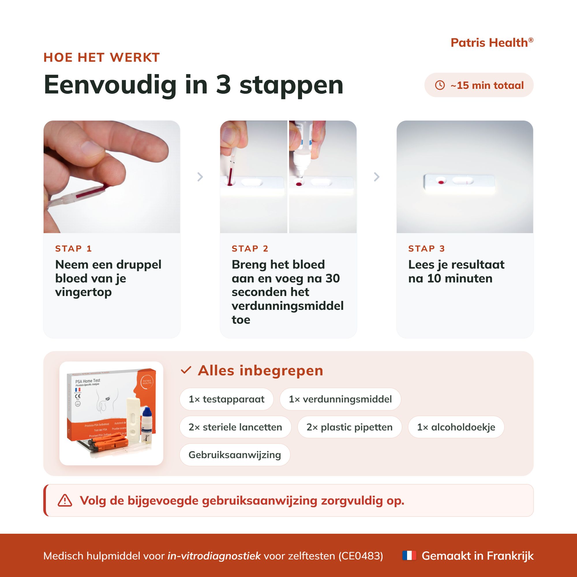 Instructies PSA zelftest: Eenvoudig in 3 stappen - Bloeddruppel, verdunner, resultaat aflezen.