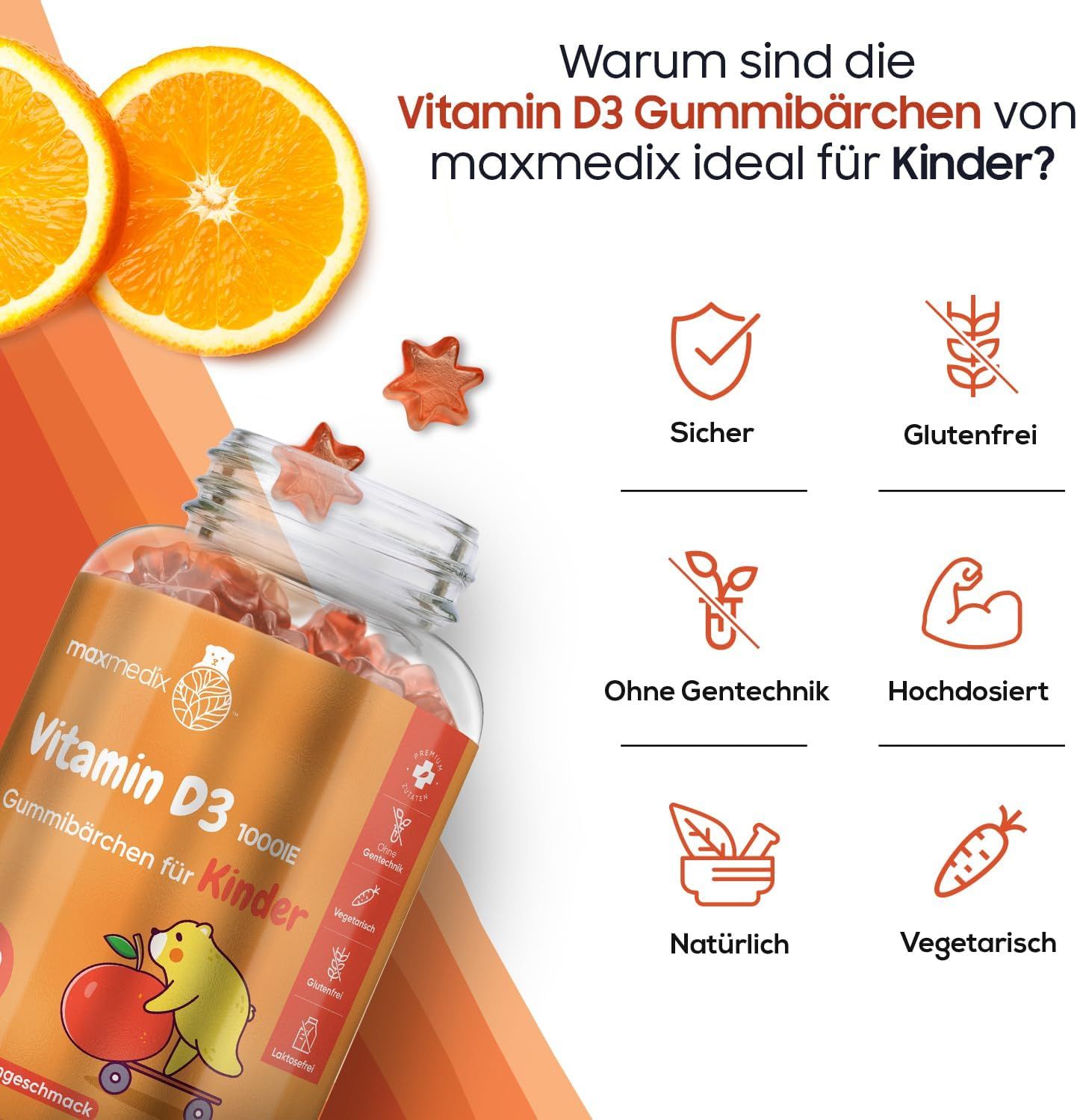 Gummies Vitamine D3, 120 pièces. Texte : maxmedix. Avantages : sûr, sans gluten, sans OGM, fortement dosé, naturel, végétarien.