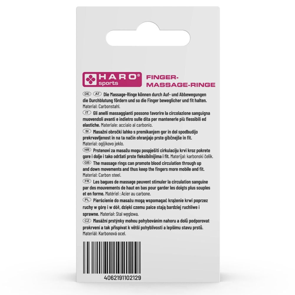 Dos de la boîte Haro Fingermassage-Ringe. Texte multilingue, nom du produit et logo.