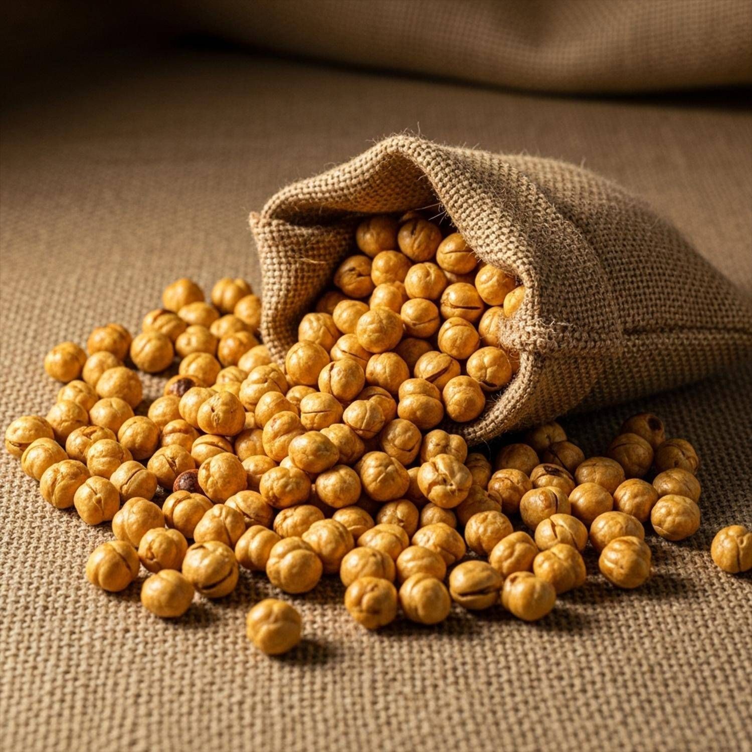 Pois chiches grillés sortant d'un sac en jute sur un tapis en jute.