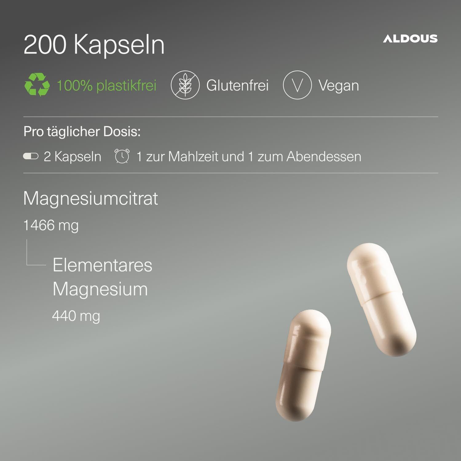 Citrate de magnésium Aldous, 200 gélules, 100% sans plastique, sans gluten, végétalien.