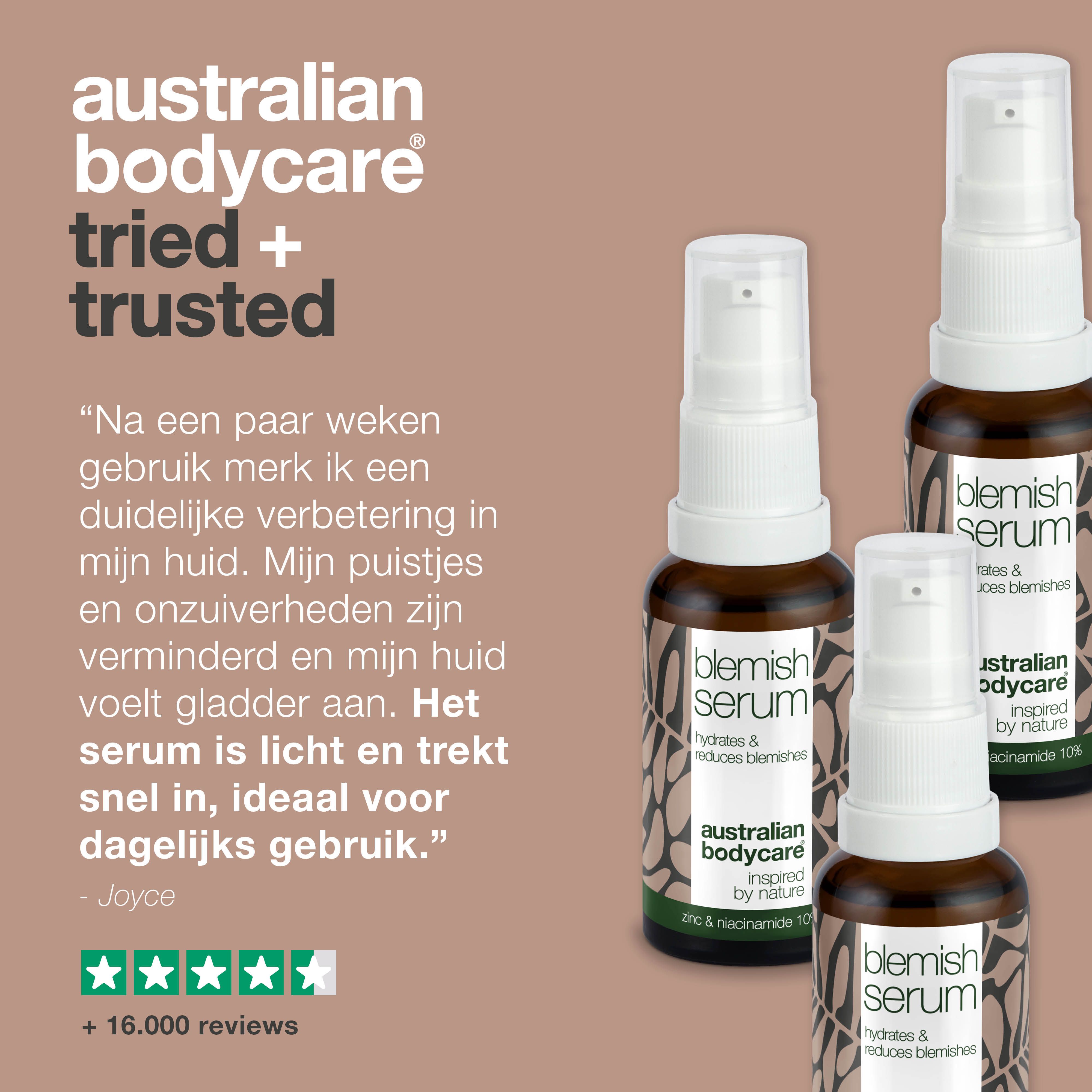 Drie serumflessen. Tekst: Australian Bodycare tried + trusted. Citaat: Ik gebruik de Blemish Serum.