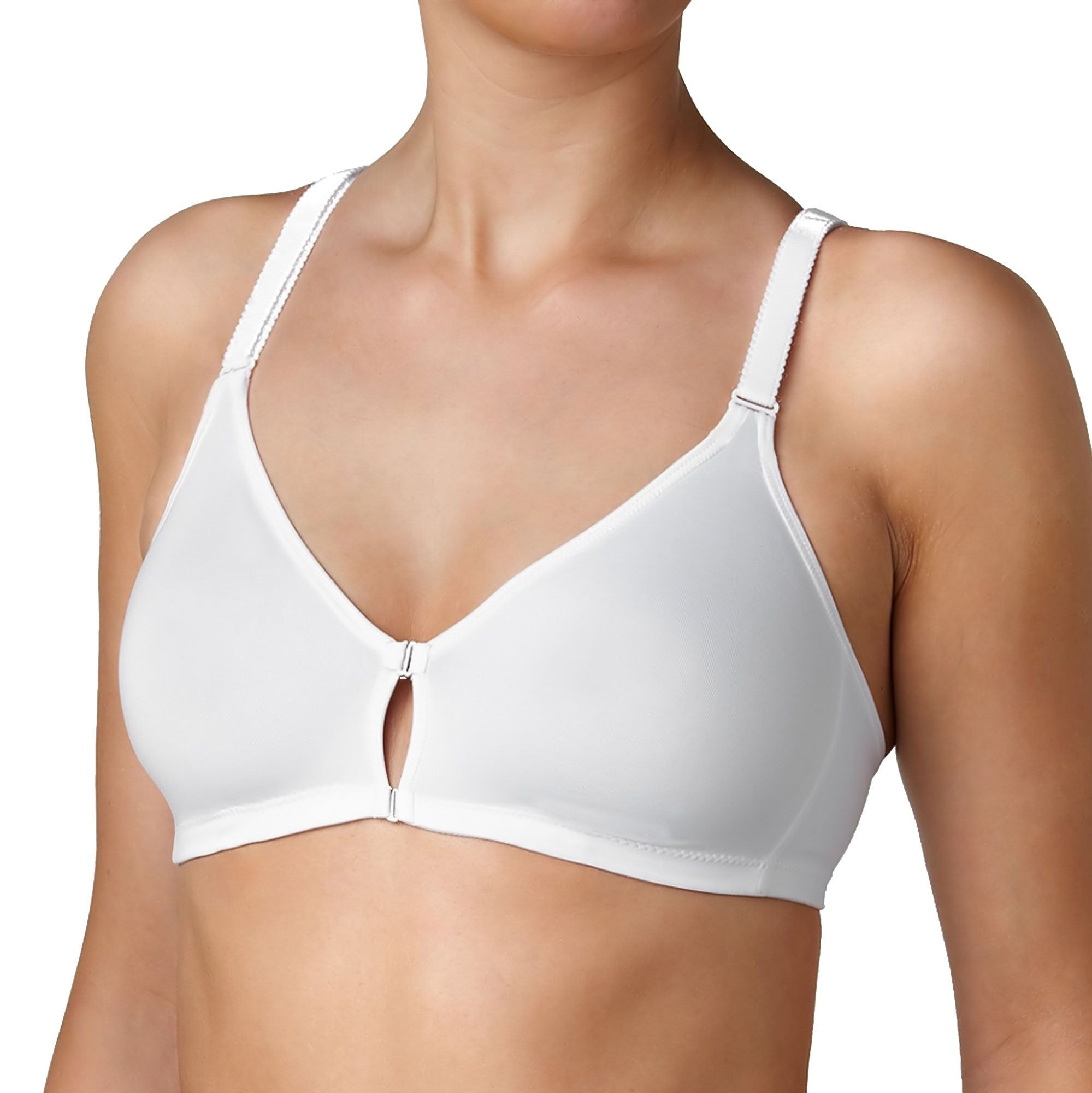 Soutien-gorge d'allaitement blanc avec fermeture éclair avant. Bonnet C. Femme portant le soutien-gorge.