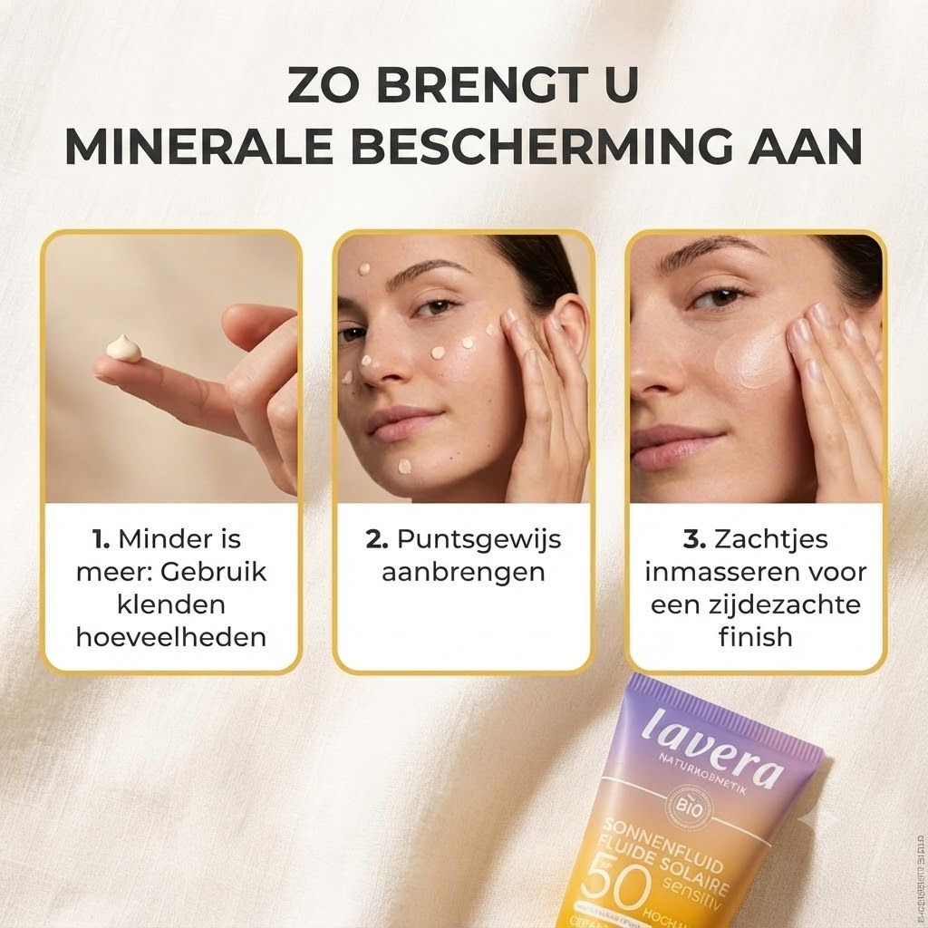 Mineraal zonbescherming aanbrengen: 1. Minder is meer, gebruik kleine hoeveelheden. 2. Puntsgewijs aanbrengen. 3. Zachtjes inmasseren voor een zijdezacht finish.