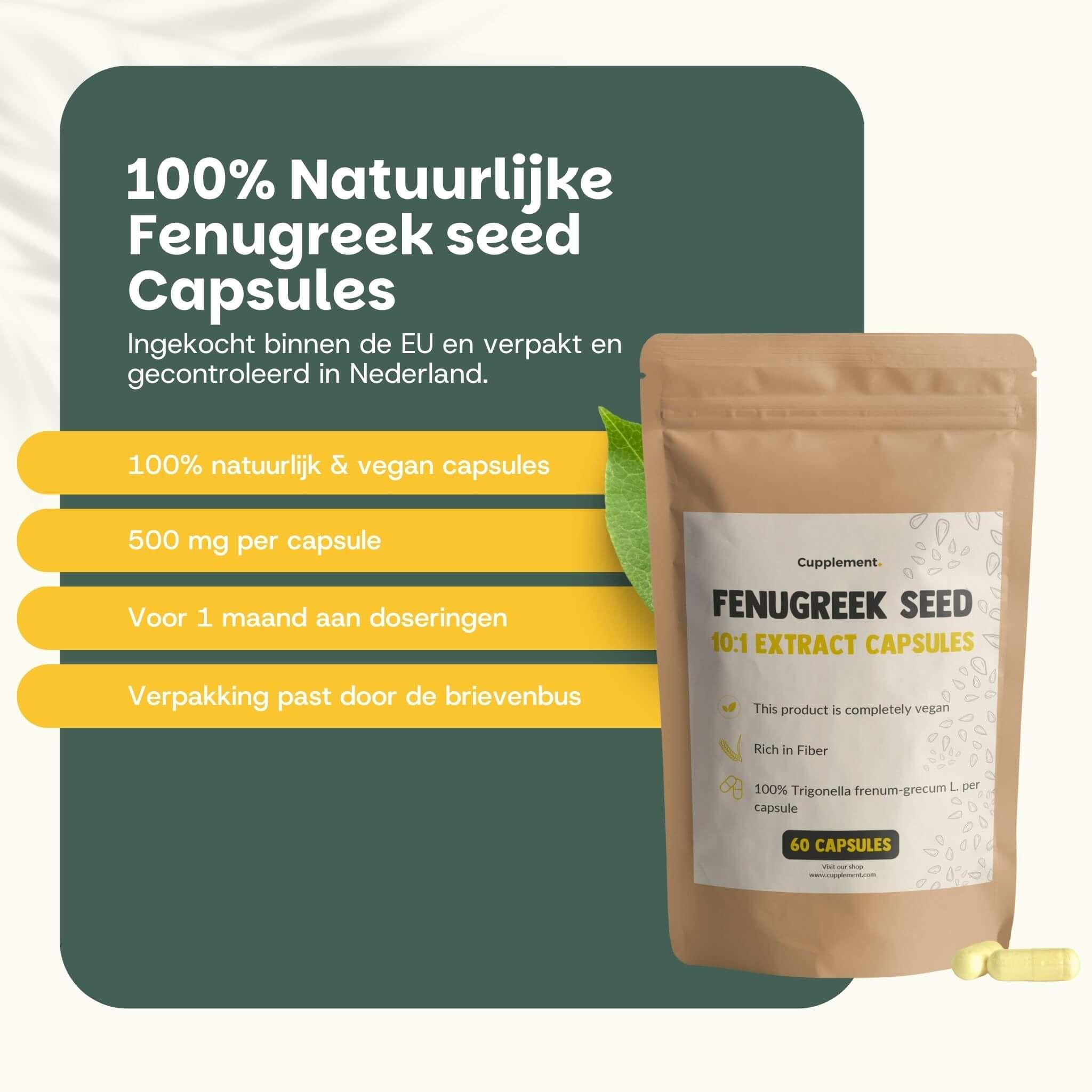 Zakje met capsules. Tekst: 100% natuurlijke capsules met fenegriekzaad. 500 mg per capsule. 60 capsules.