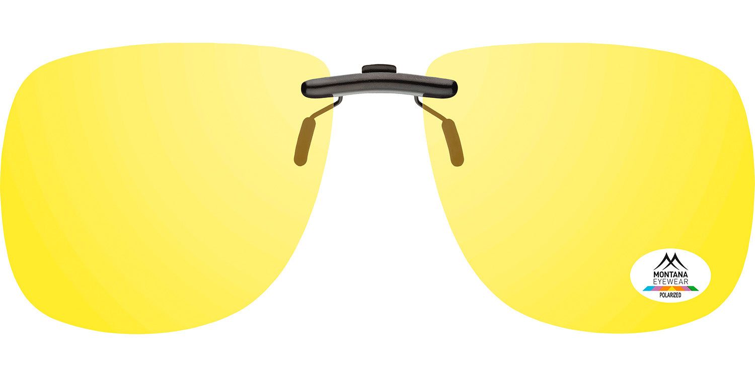 Clip-on solaire jaune. Monture noire, verres jaunes. Logo Montana Eyewear et autocollant Polarized.
