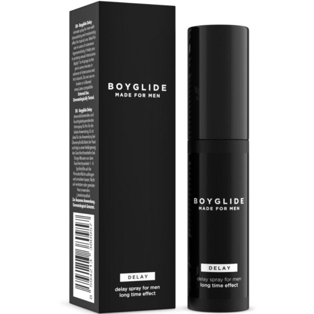 Zwarte fles en verpakking. Opschrift: BOYGLIDE, Delay, Spray for men, lange werking. Met barcode.