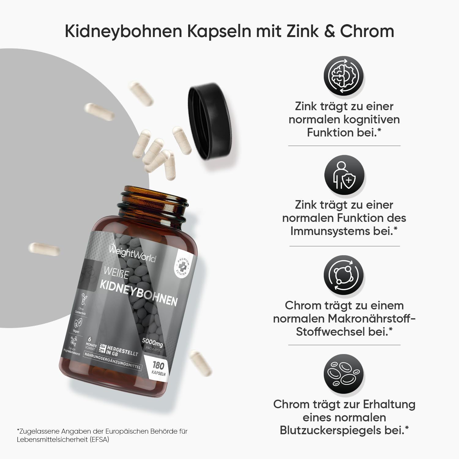 Bruine fles met capsules, capsules ernaast. Tekst: Kidneybohnen Kapseln mit Zink & Chrom, effecten.