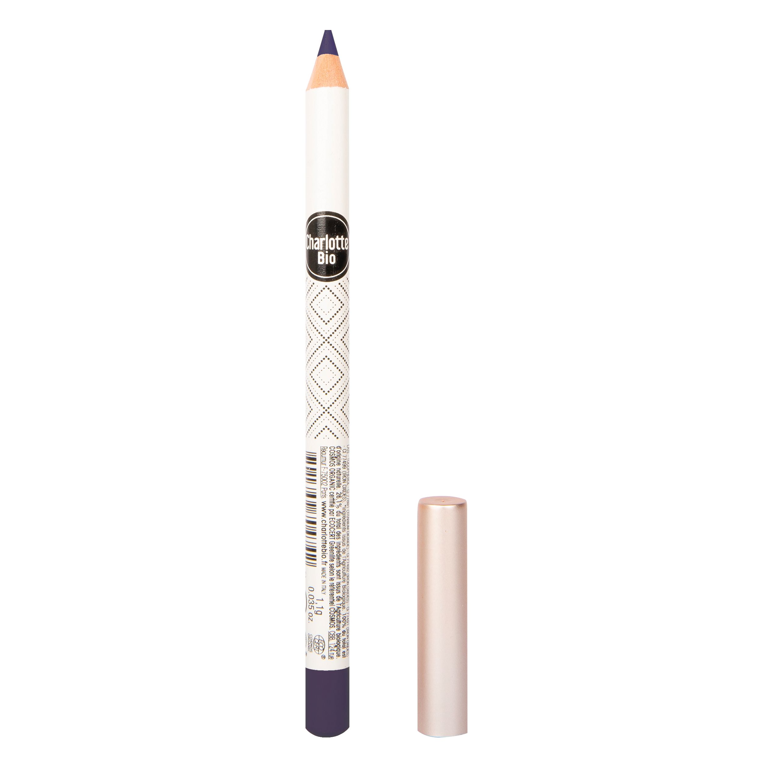 Crayon pour les yeux violet foncé, corps blanc, bouchon rose. Marque Charlotte Bio. Détail de motifs géométriques.