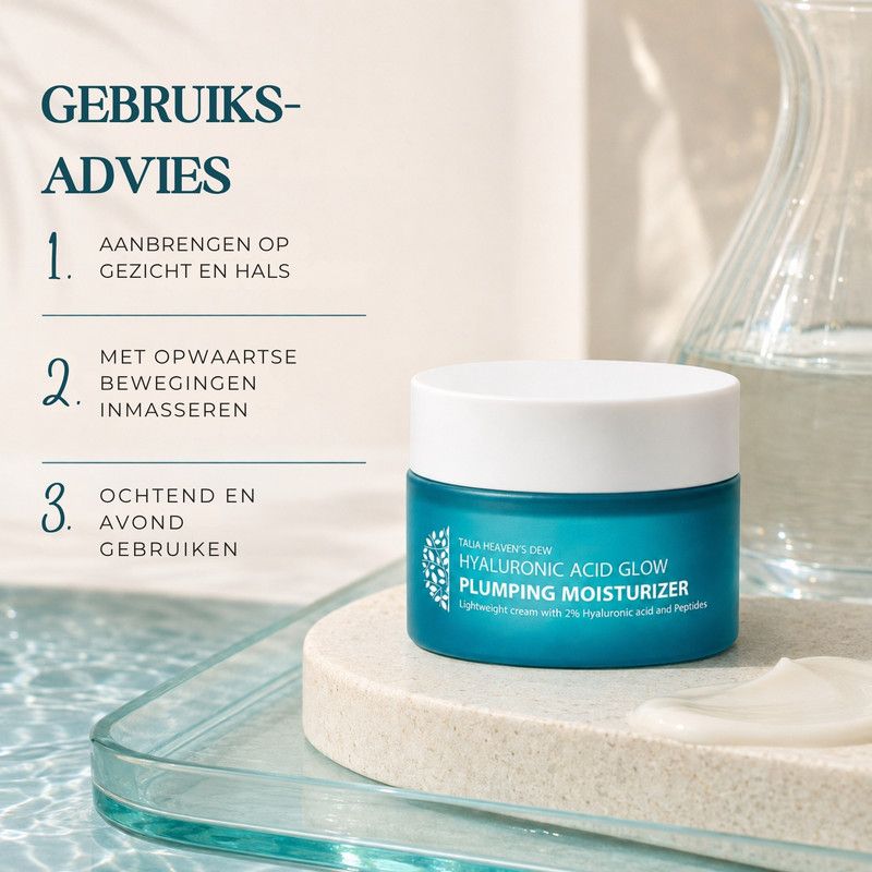 Een pot Hyaluronic Acid Glow Plumping Moisturizer. Tekst beschrijft drie opvullende actieve stoffen: Hyaluronzuur, Peptide-complex, Vitamine E.